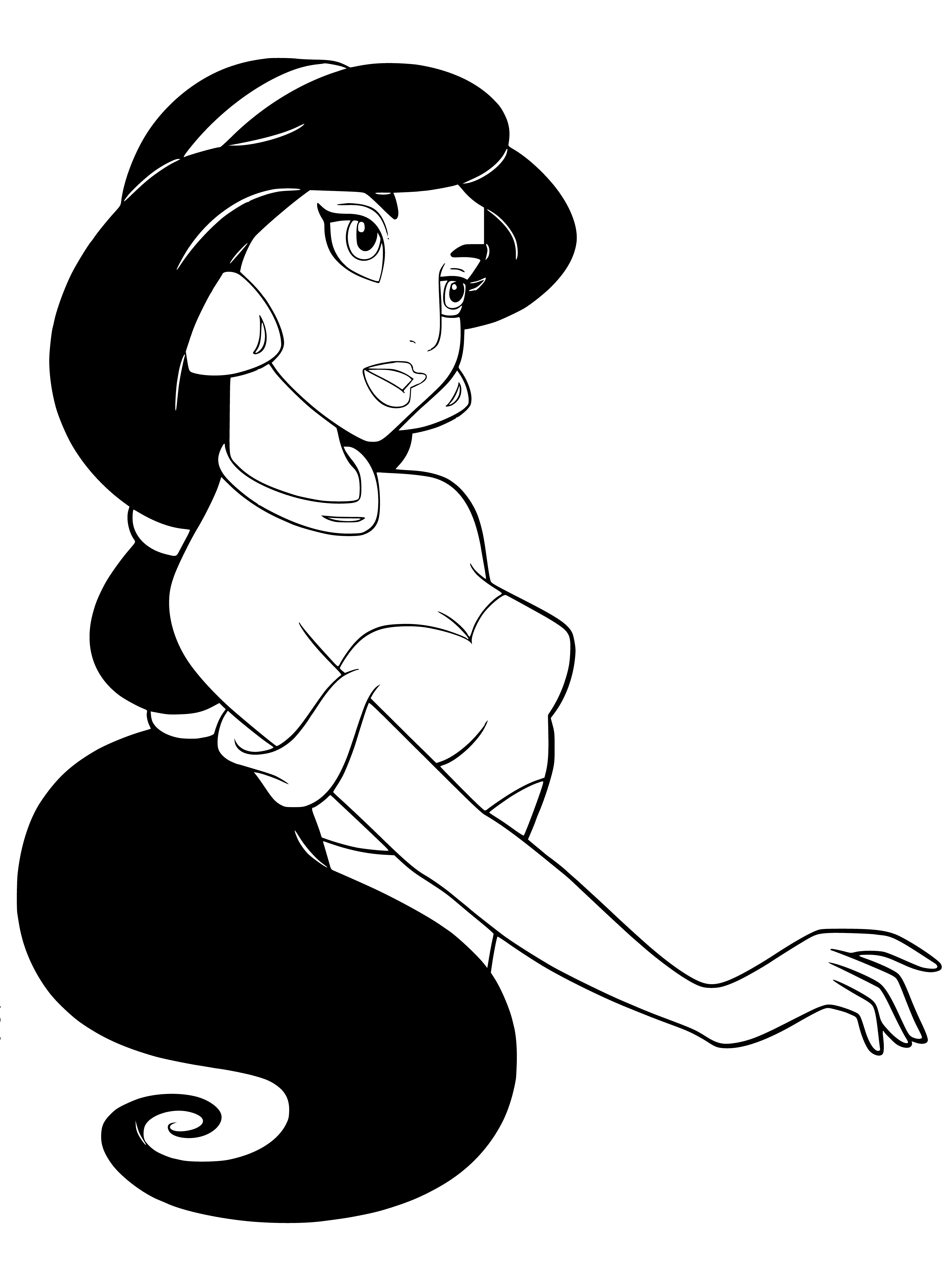 coloring page: Jasmine stands tall in a purple dress and golden headband, her dark hair cascading past her brown skin and a beautiful blue & white jar behind her.
