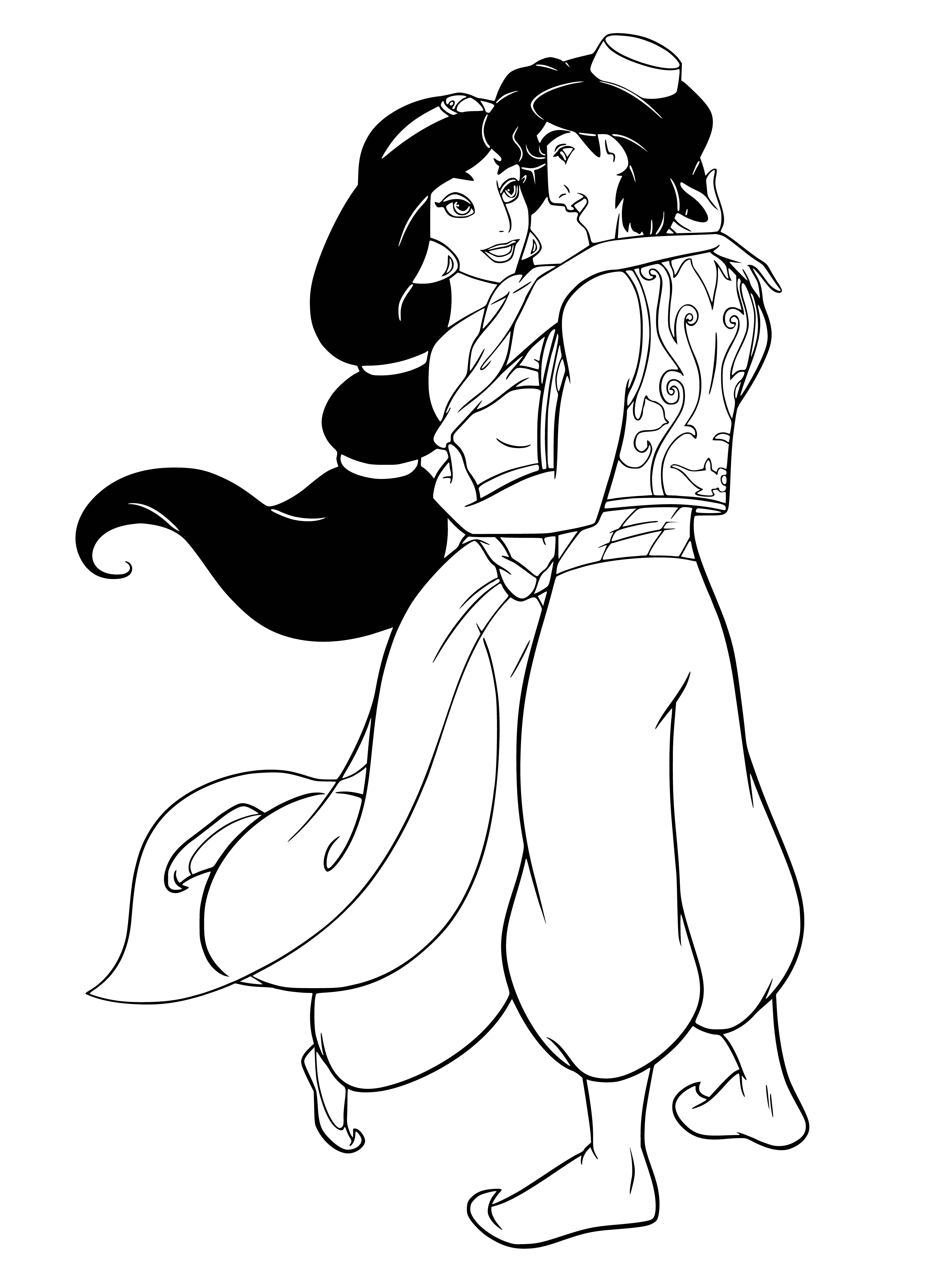 coloring page: Jasmine & Aladdin admire a cityscape together, her in a purple dress & crown and him in an orange shirt & fez, ready with a sword. Both grinning happily.