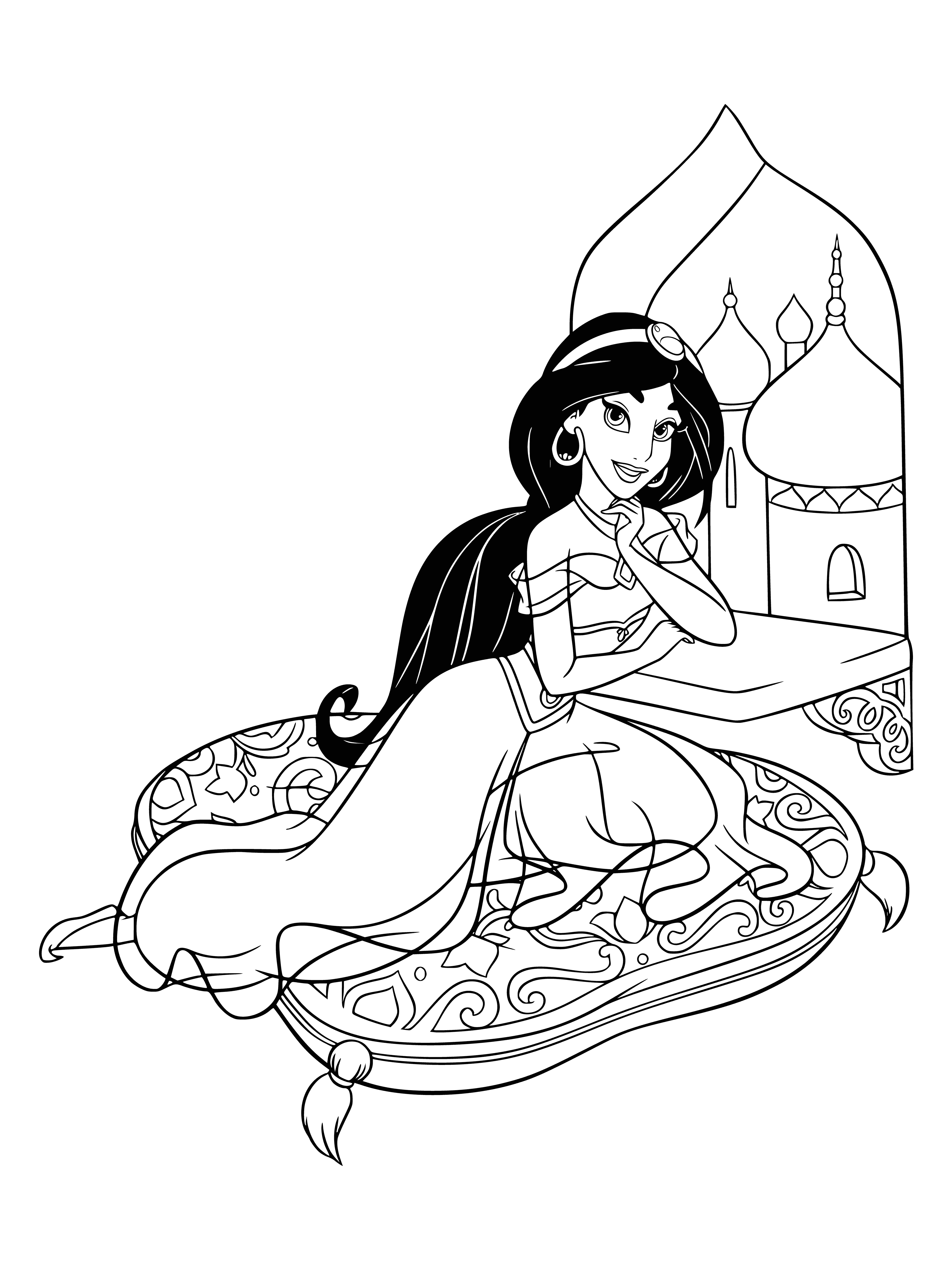coloring page: Jasmine admires the palace view wearing a purple and gold outfit, a flower in her hair.