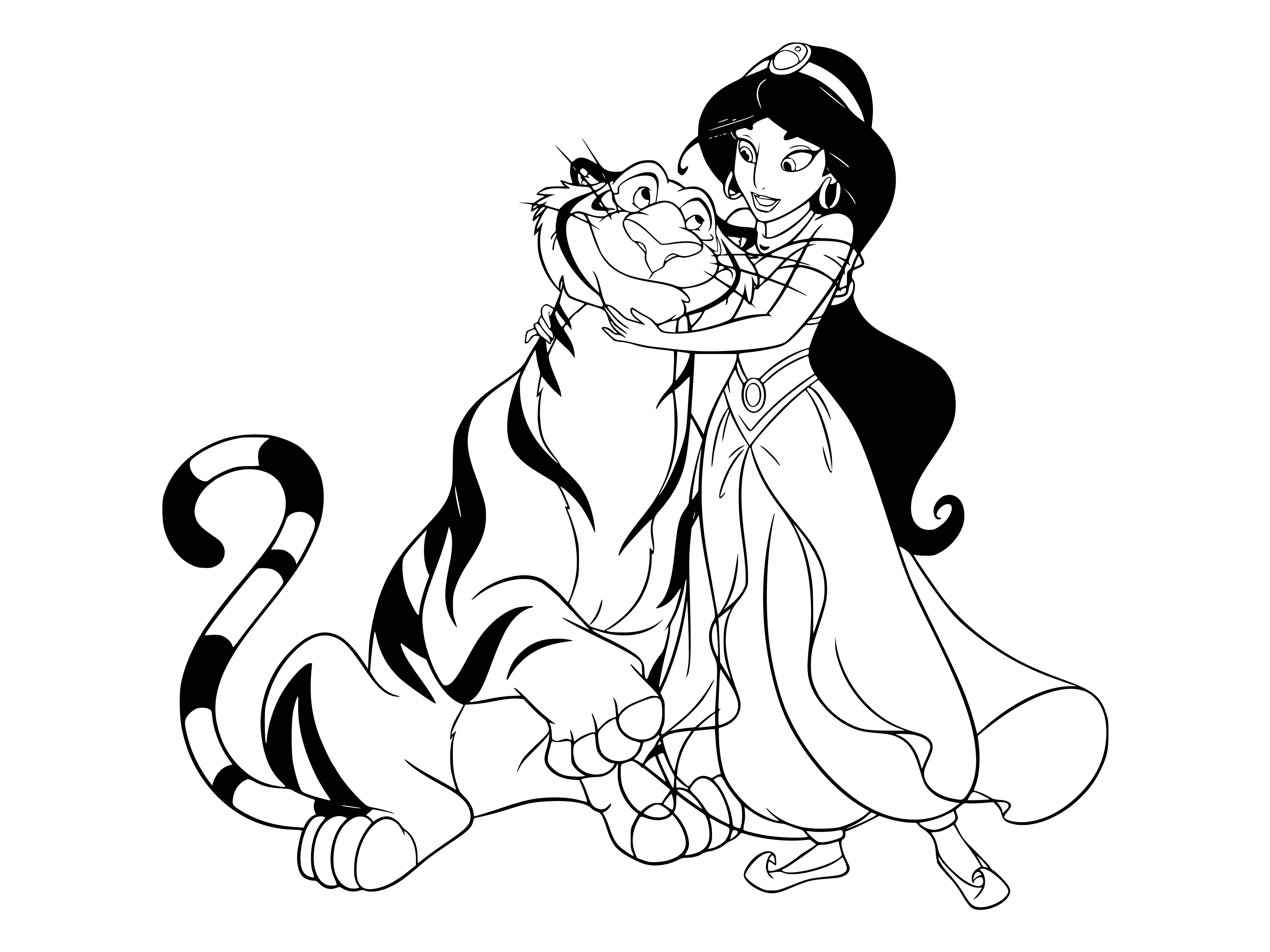 coloring page: Jasmine and Raja stand in front of a palace and desert, she in a purple outfit with gold accents and Raja with a gold collar. #Disney #Aladdin