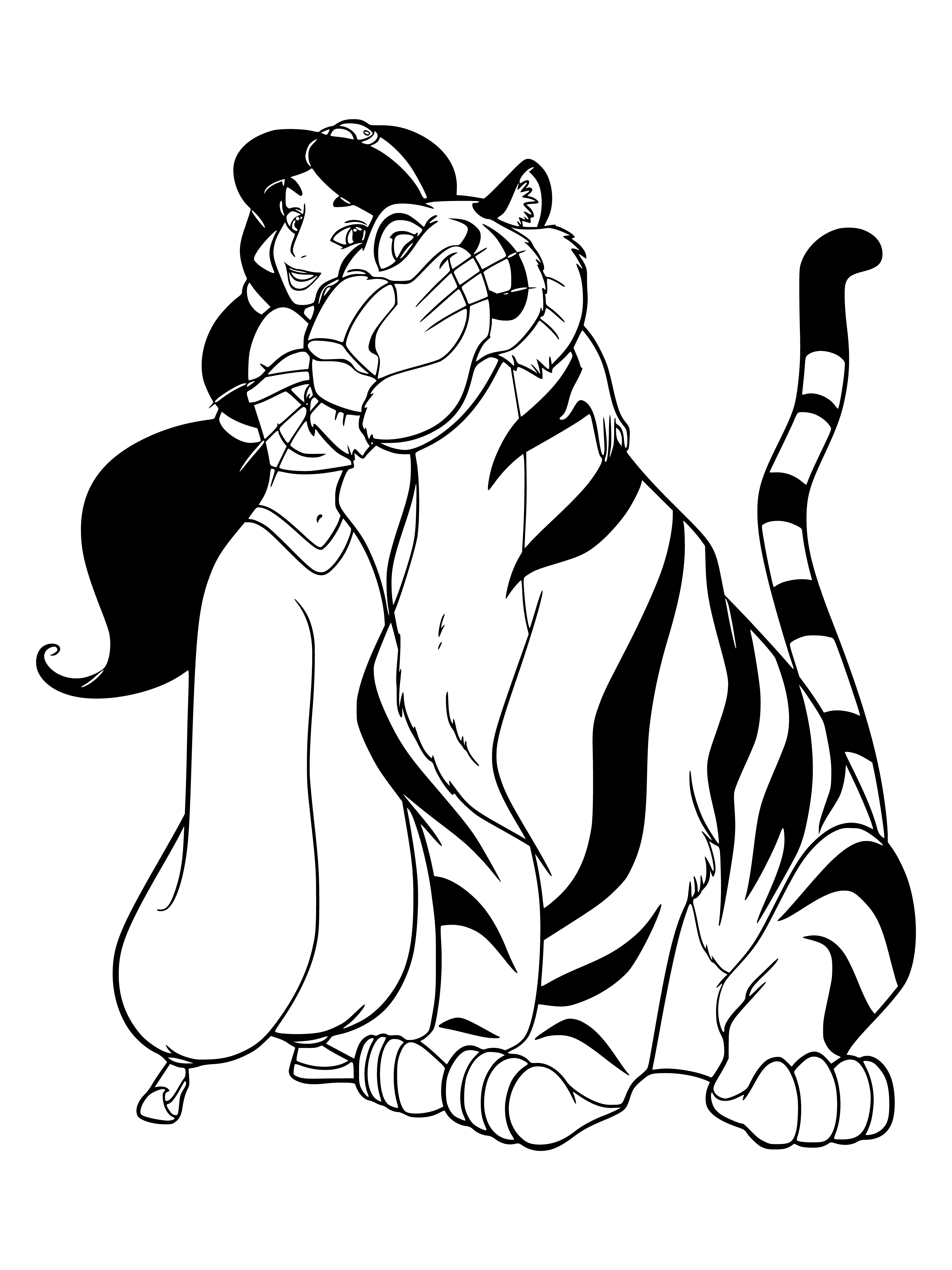 coloring page: A man in white & gold with a sword kneels b4 a woman in blue & white with a purple veil. A tiger stands behind them, smiles on their faces.