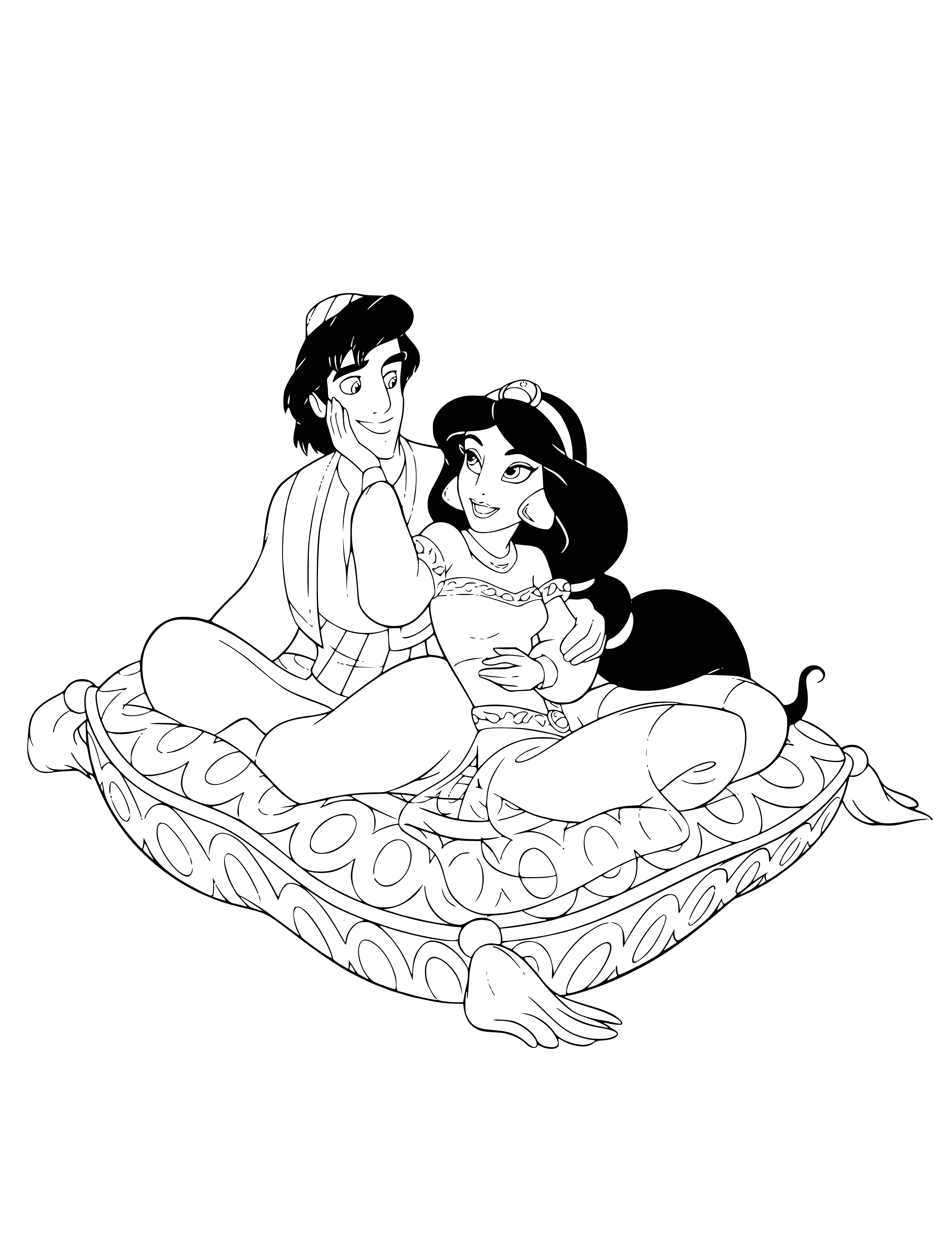 coloring page: Aladdin & Jasmine surrounded by friends in coloring page. Princess looking off into the distance, Aladdin to the side. #Aladdin