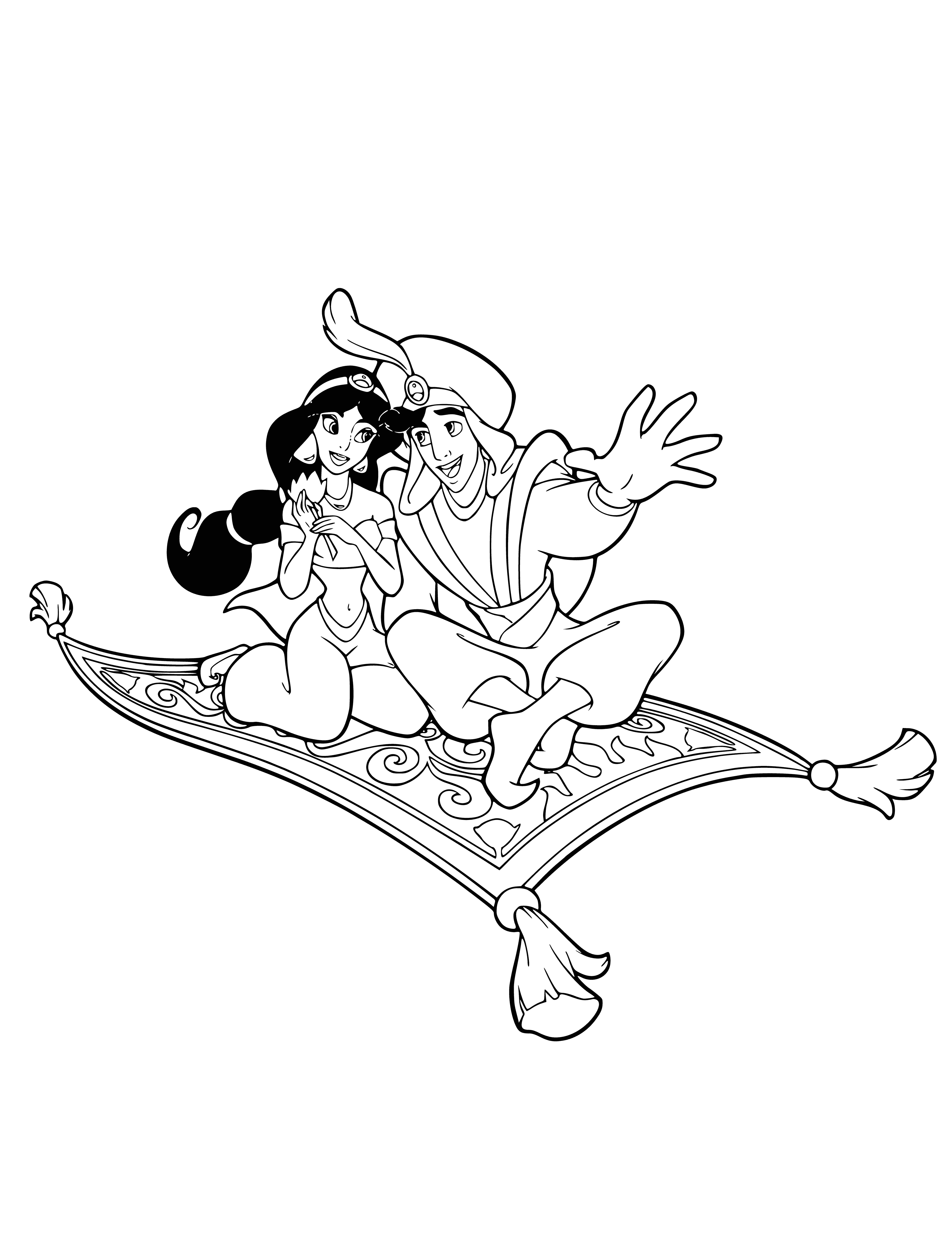 coloring page: Aladdin & Jasmine soar on a magic carpet in the starry night sky, embracing & beaming.
