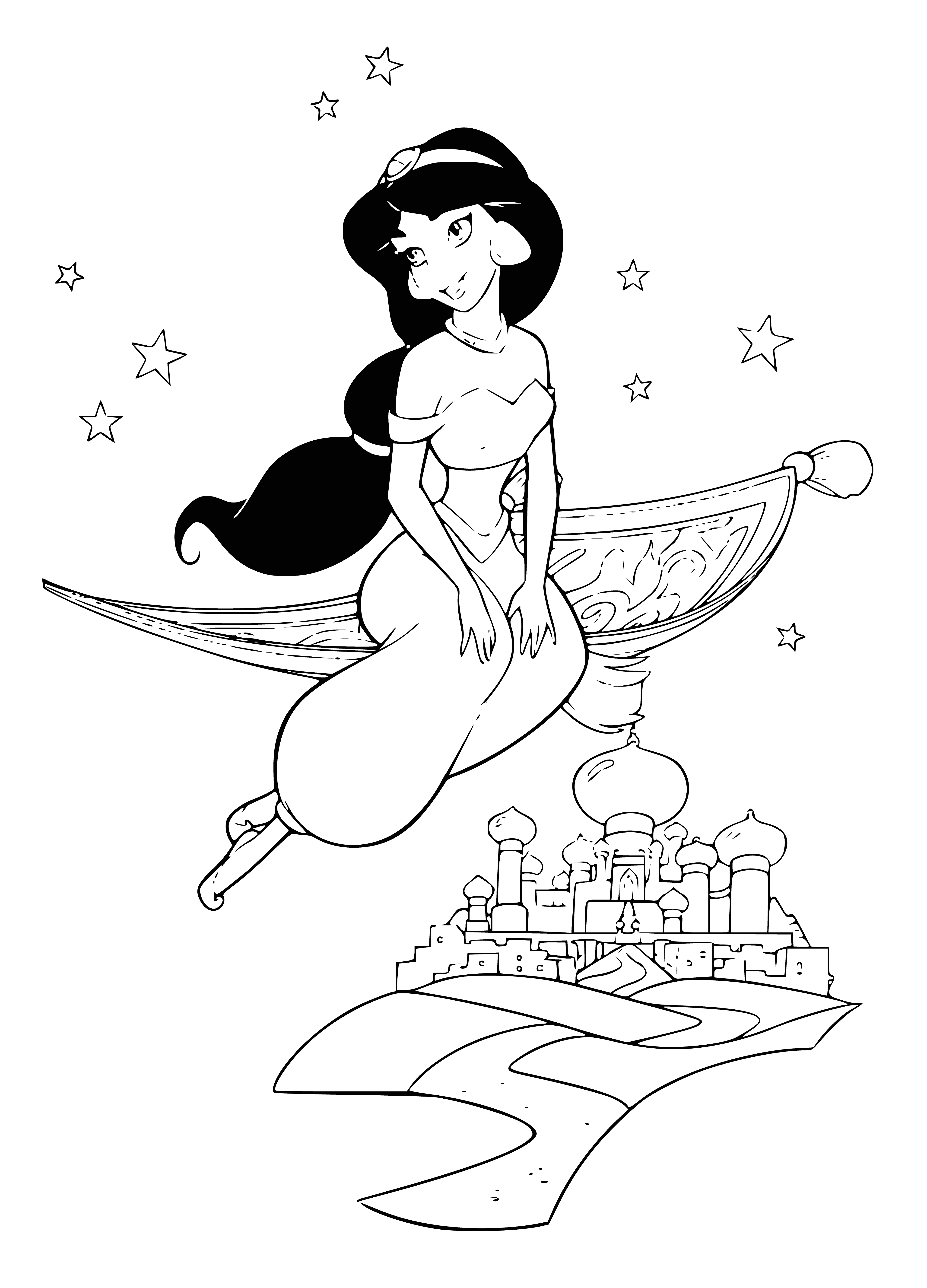 coloring page: Princess Jasmine and Aladdin stand in a cityscape surrounded by a desert. She wears purple and gold, he wears blue and white with a yellow sash. They face each other with arms crossed and held out respectively.