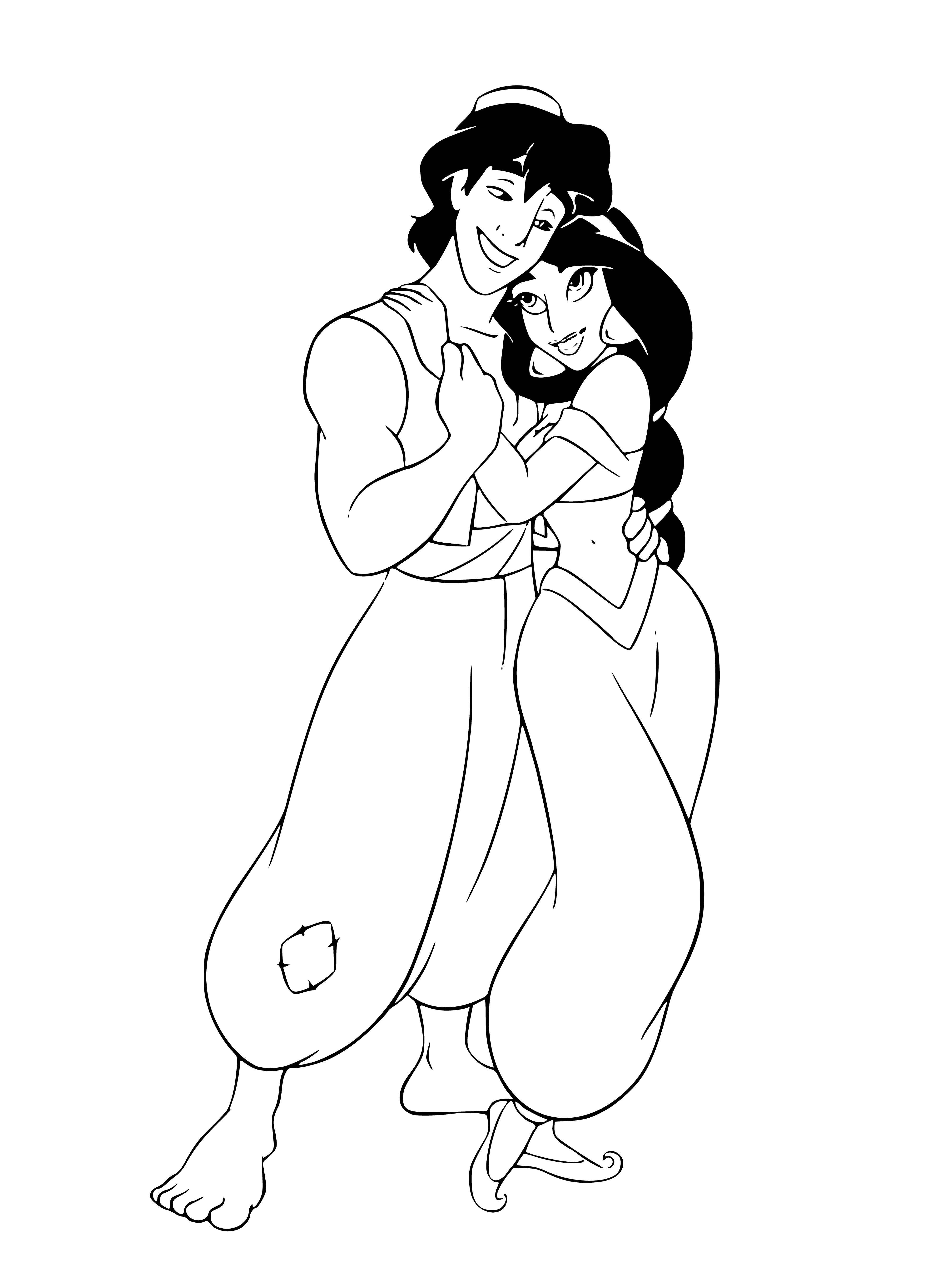 coloring page: Aladdin kneels before Princess Jasmine, offering a ring while they're surrounded in magical twinkles of light.