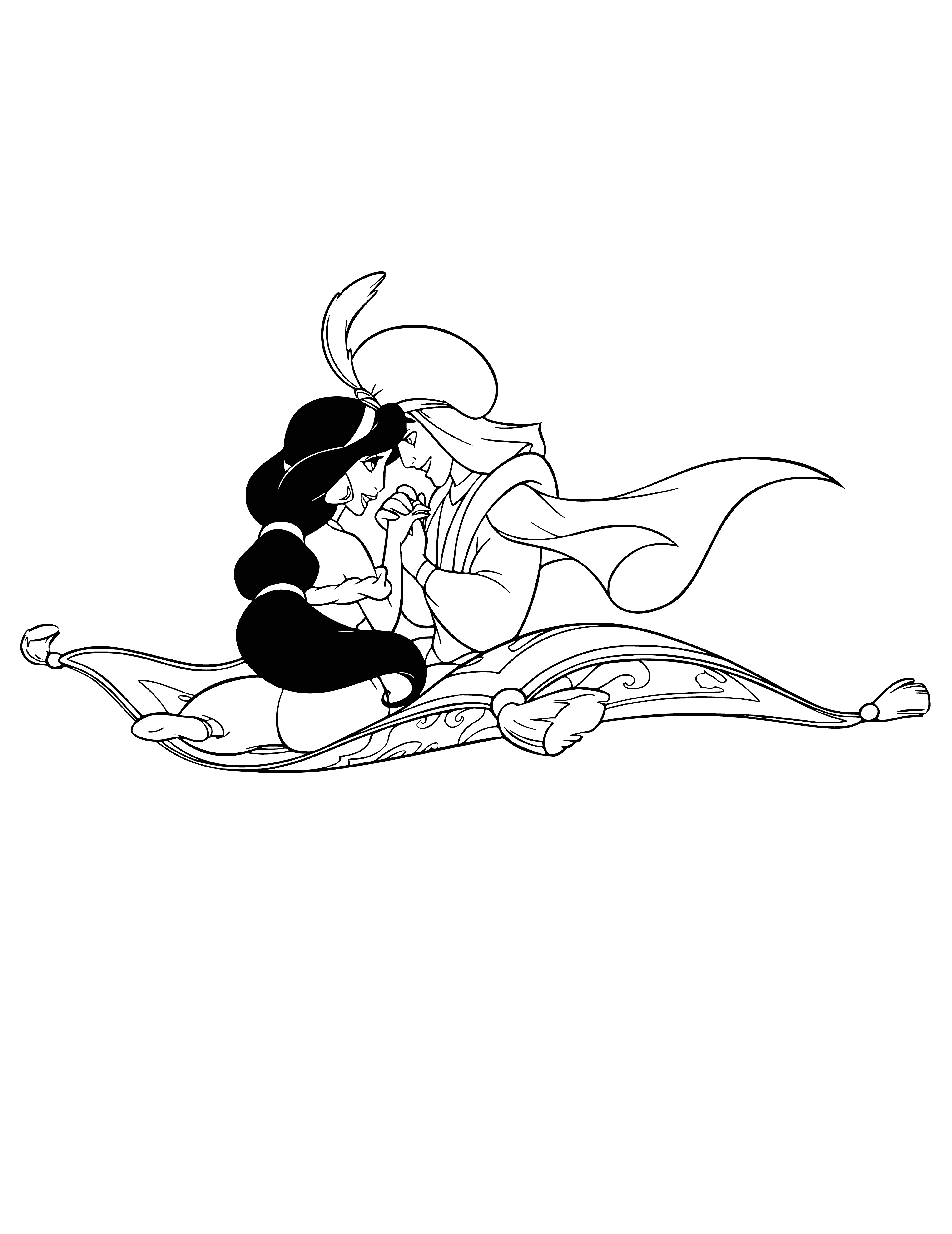 coloring page: Aladdin & Jasmine on a flying carpet, him holding onto the edge, her holding onto him, enjoying the ride.