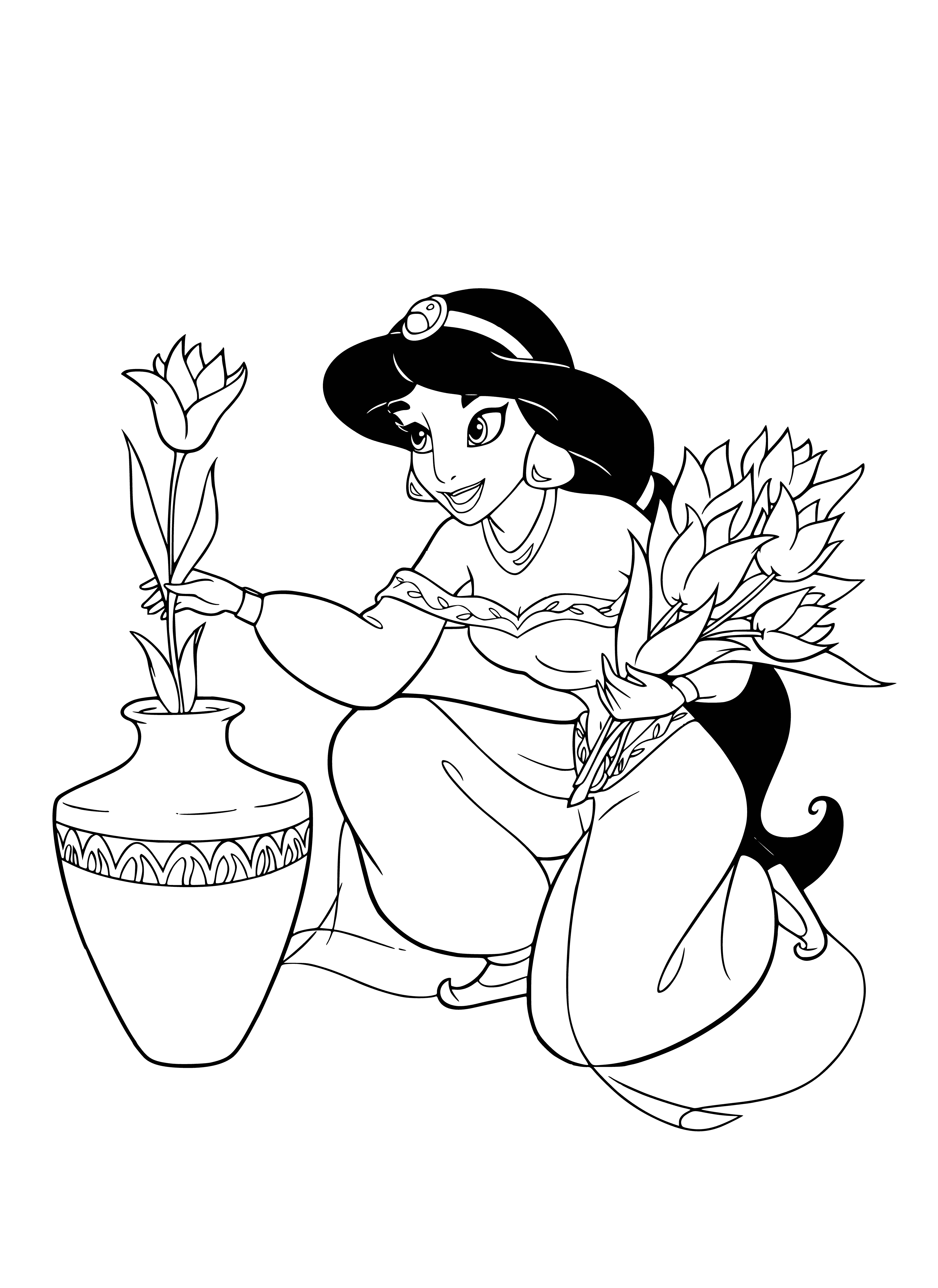 coloring page: Woman in purple w/yellow snake, headdress w/ blue gem, eyes closed, mouth open.