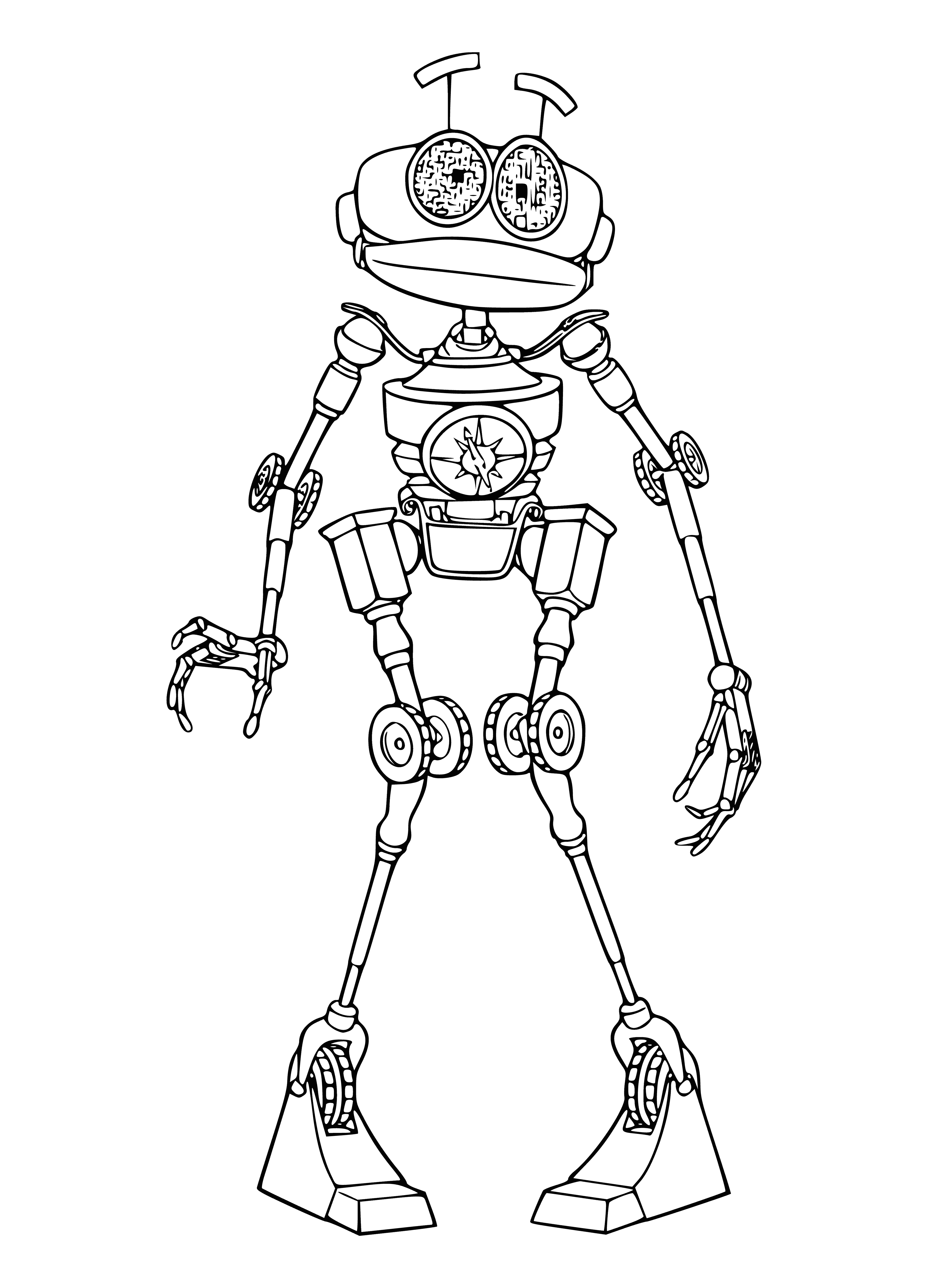coloring page: Robot Bengan from The Treasure Planet is a metal-plated robot with a big eye, three-fingered claws, and a curved tail.