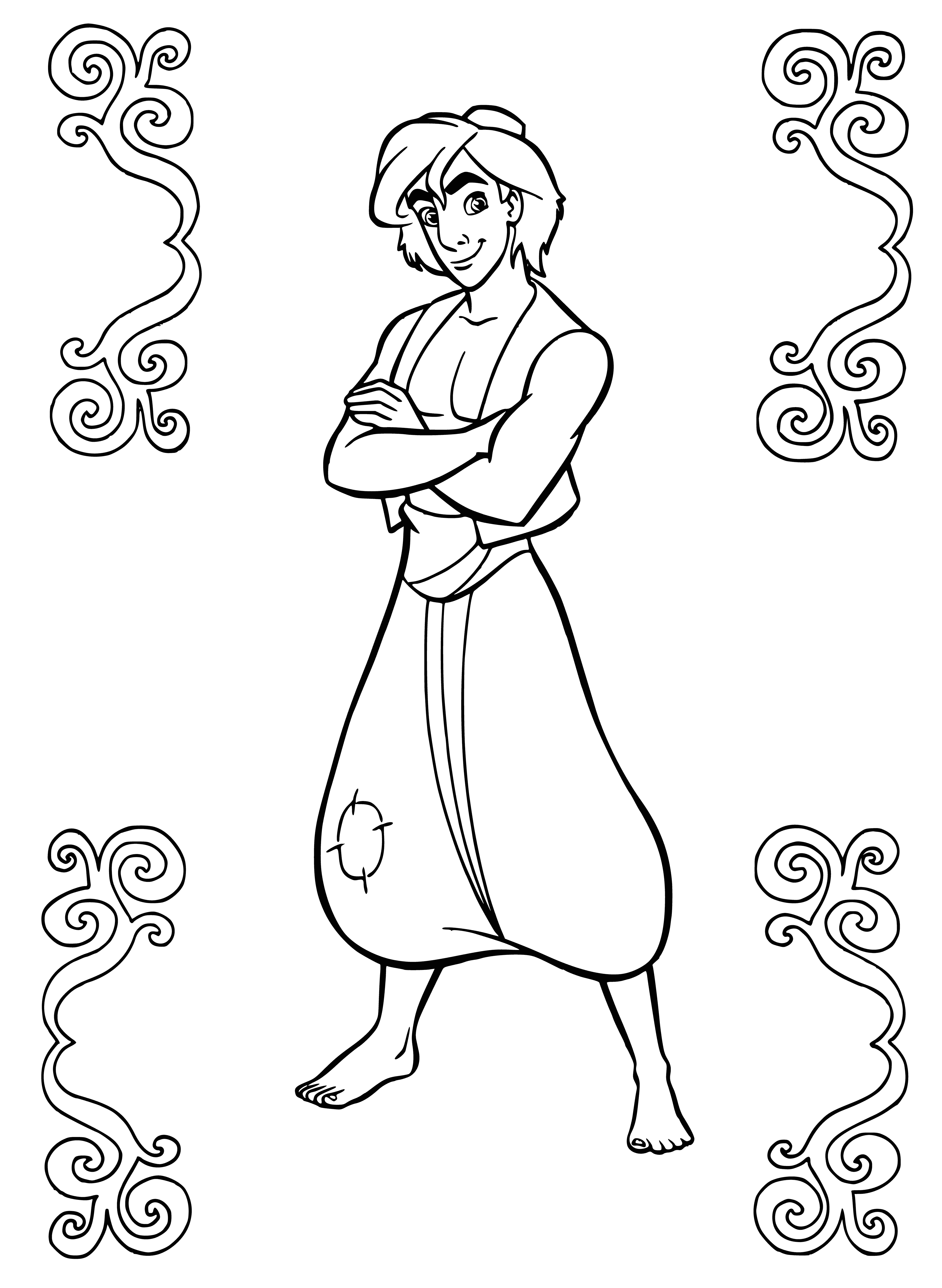 coloring page: Arab man stands in front of cave with treasure chest and dagger in belt; wears traditional Arabic clothing, including turban.