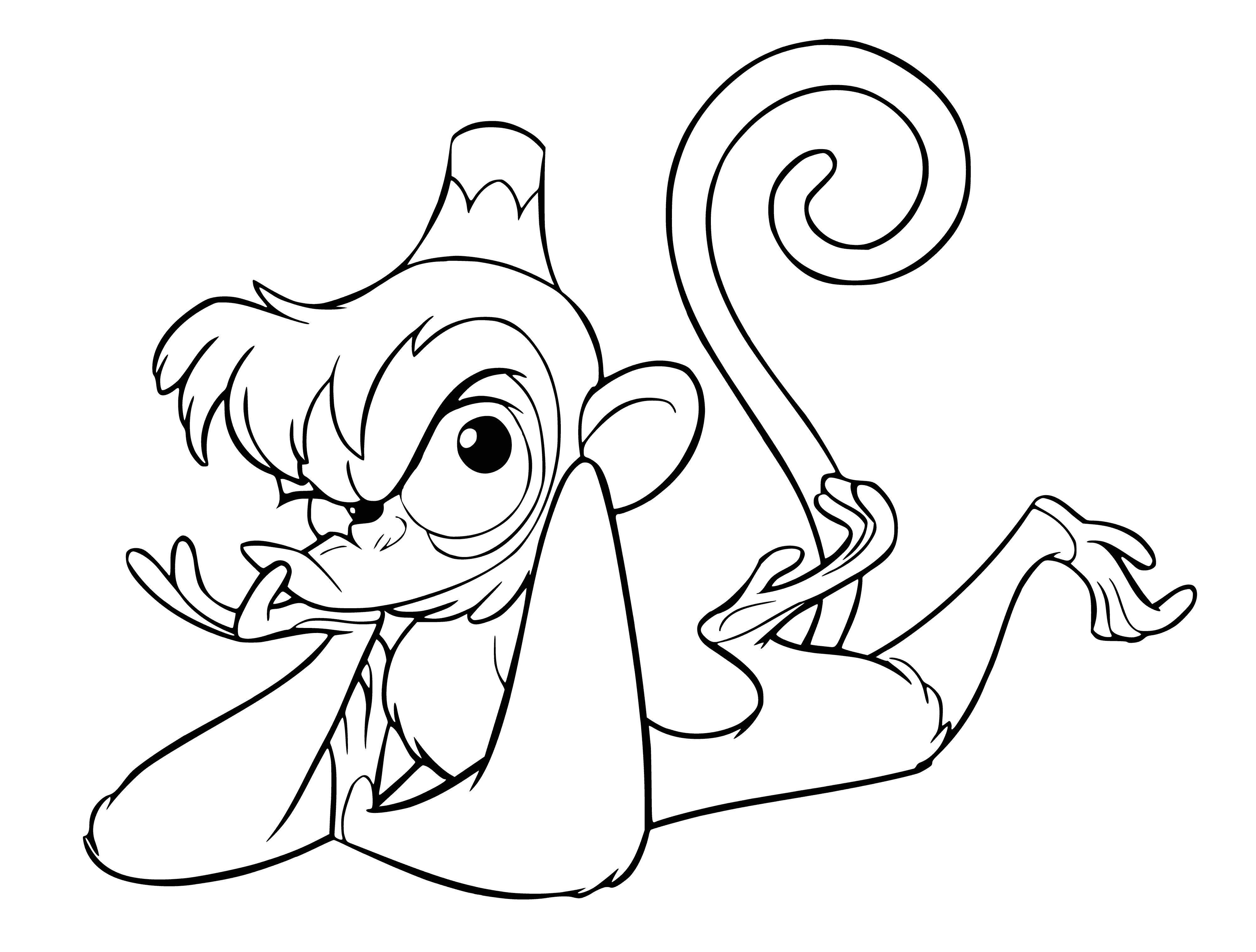 coloring page: Small tan monkey atop green water jug, w/hands around neck & tail hanging down. Grinning & looking off to side.