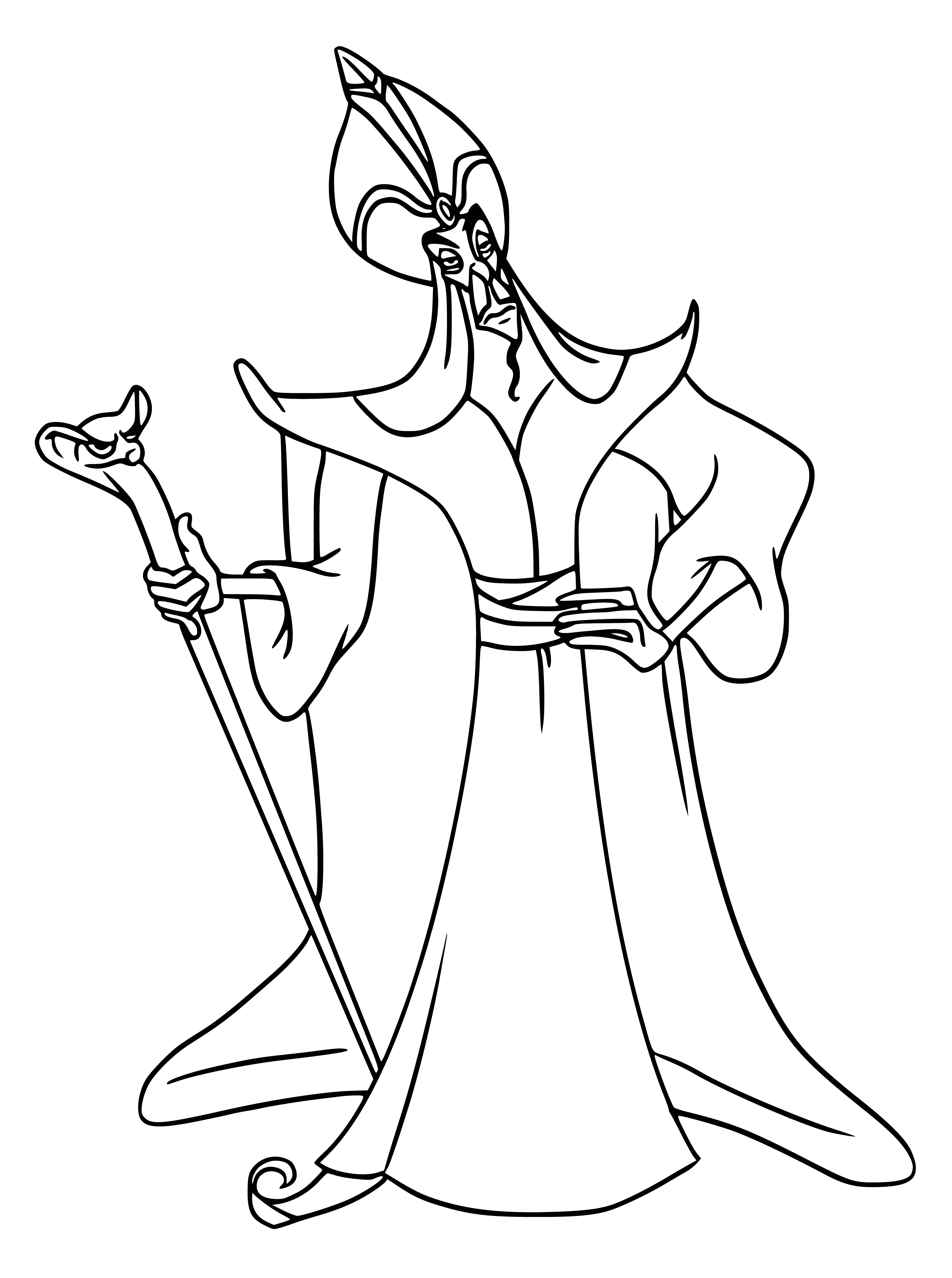 coloring page: Jafar is a power-hungry villain intent on ruling Agrabah. He uses his snake staff to control his pet Iago. He will do anything to get what he wants.