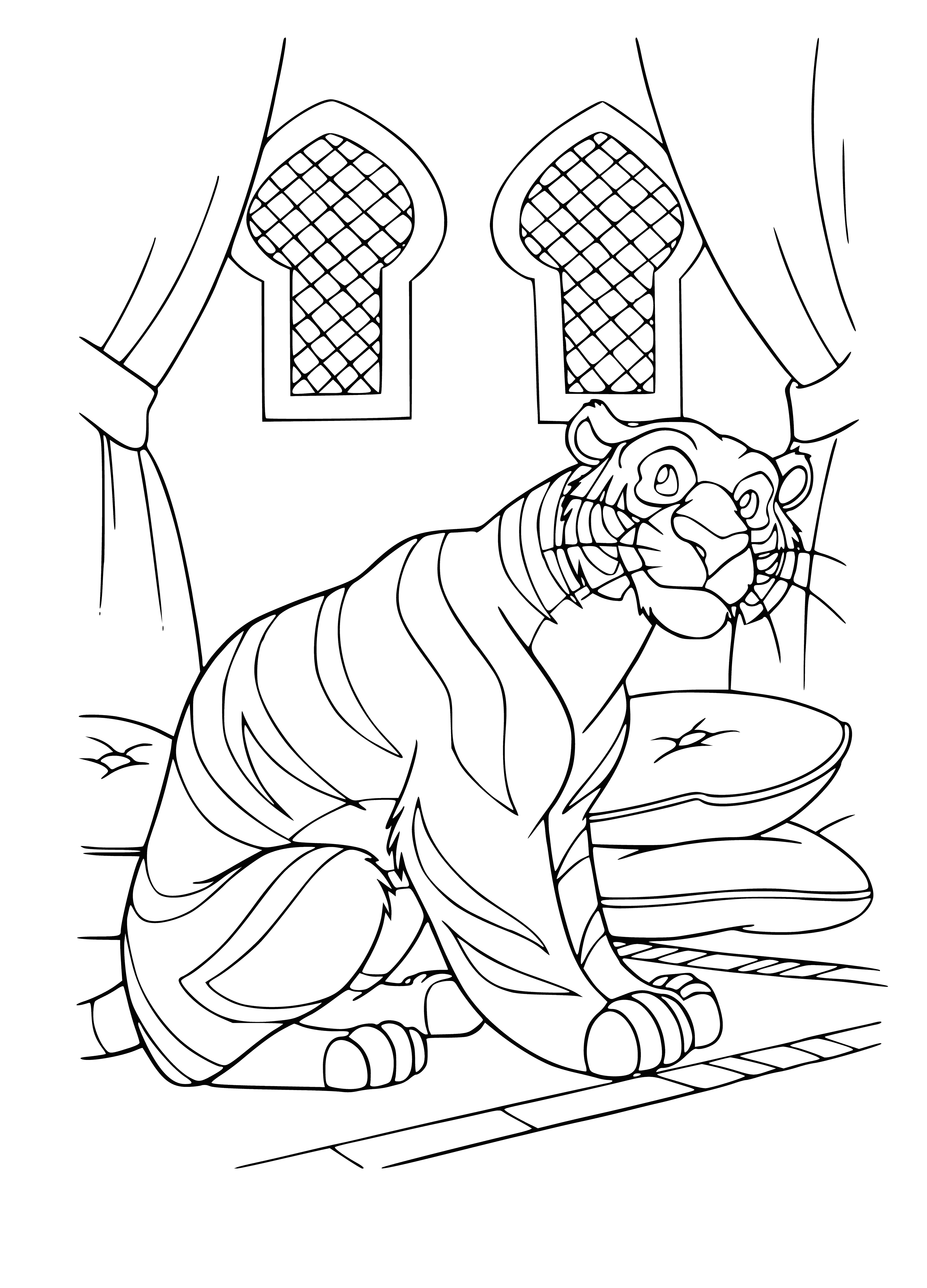 coloring page: Jasmine stands before a tiger in purple outfit & gold jewellery. The tiger stares calmly at her.