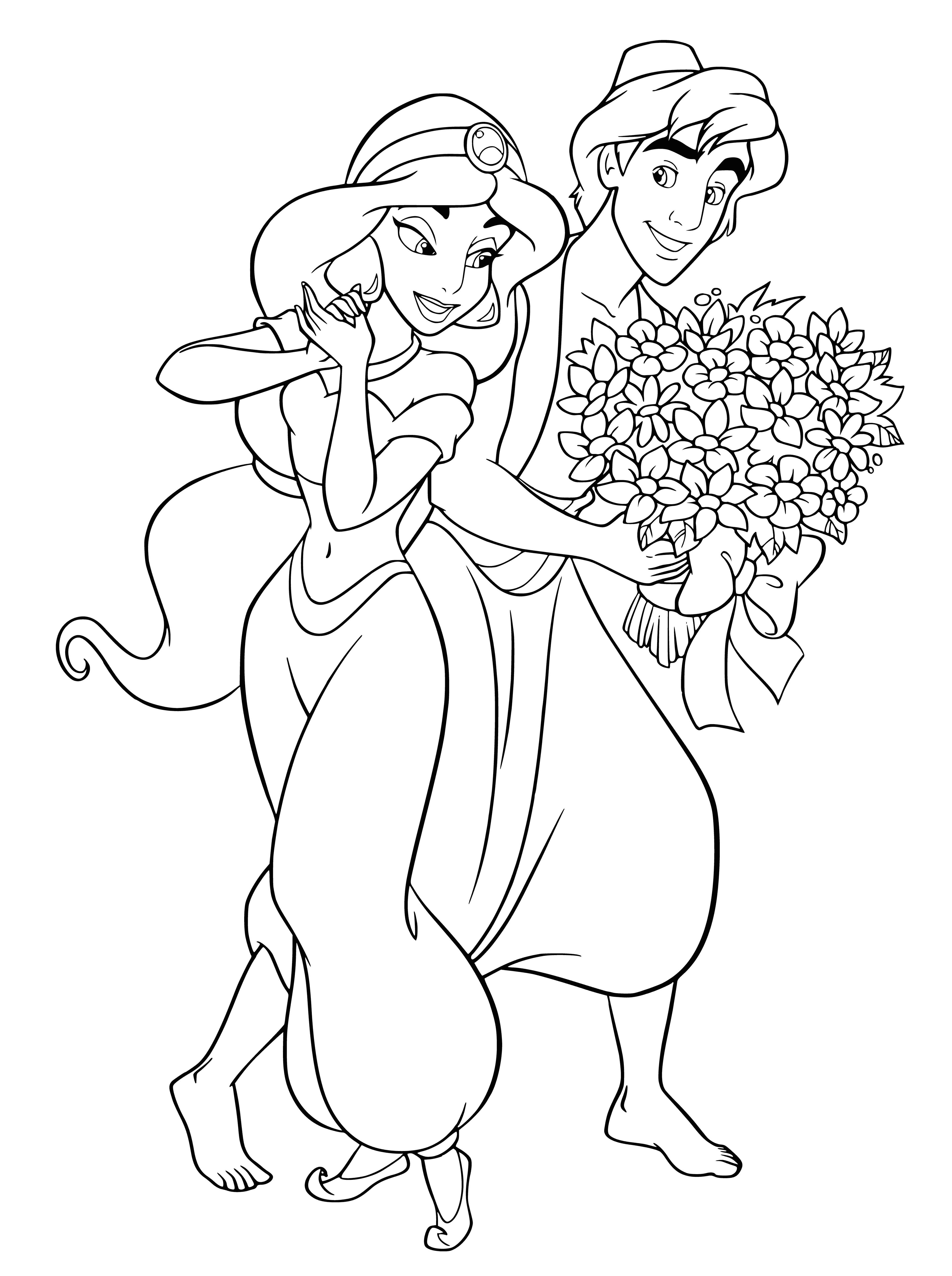 coloring page: Aladdin kneels before Jasmine, offering her a bouquet of flowers in a heartwarming scene.