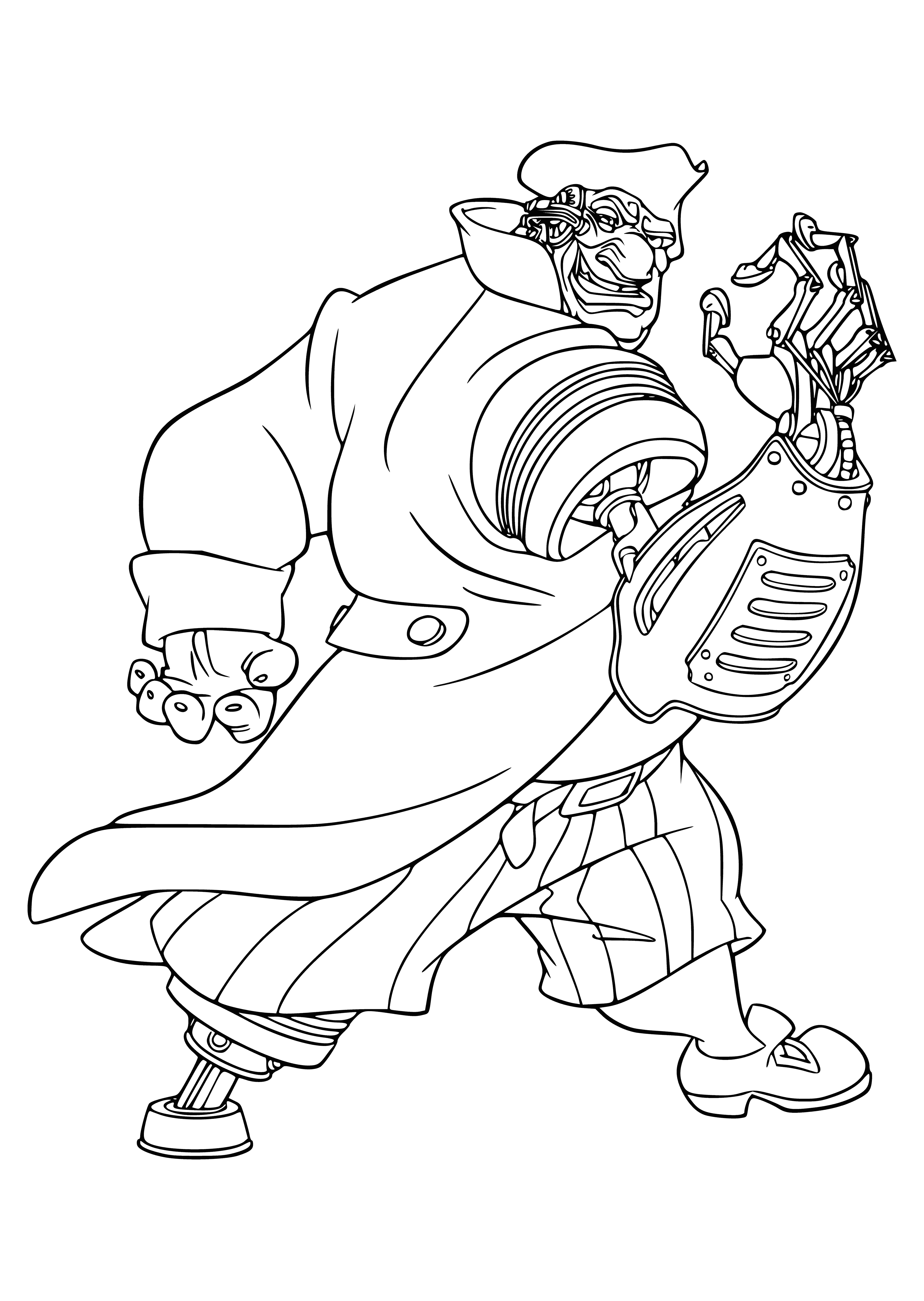 coloring page: Cyborg stands in a room w/treasure chest in mechanical hand. Left eye is cybernetic, large scar on right side. Wearing black/silver armor, helmet tucked under arm. #cyborg