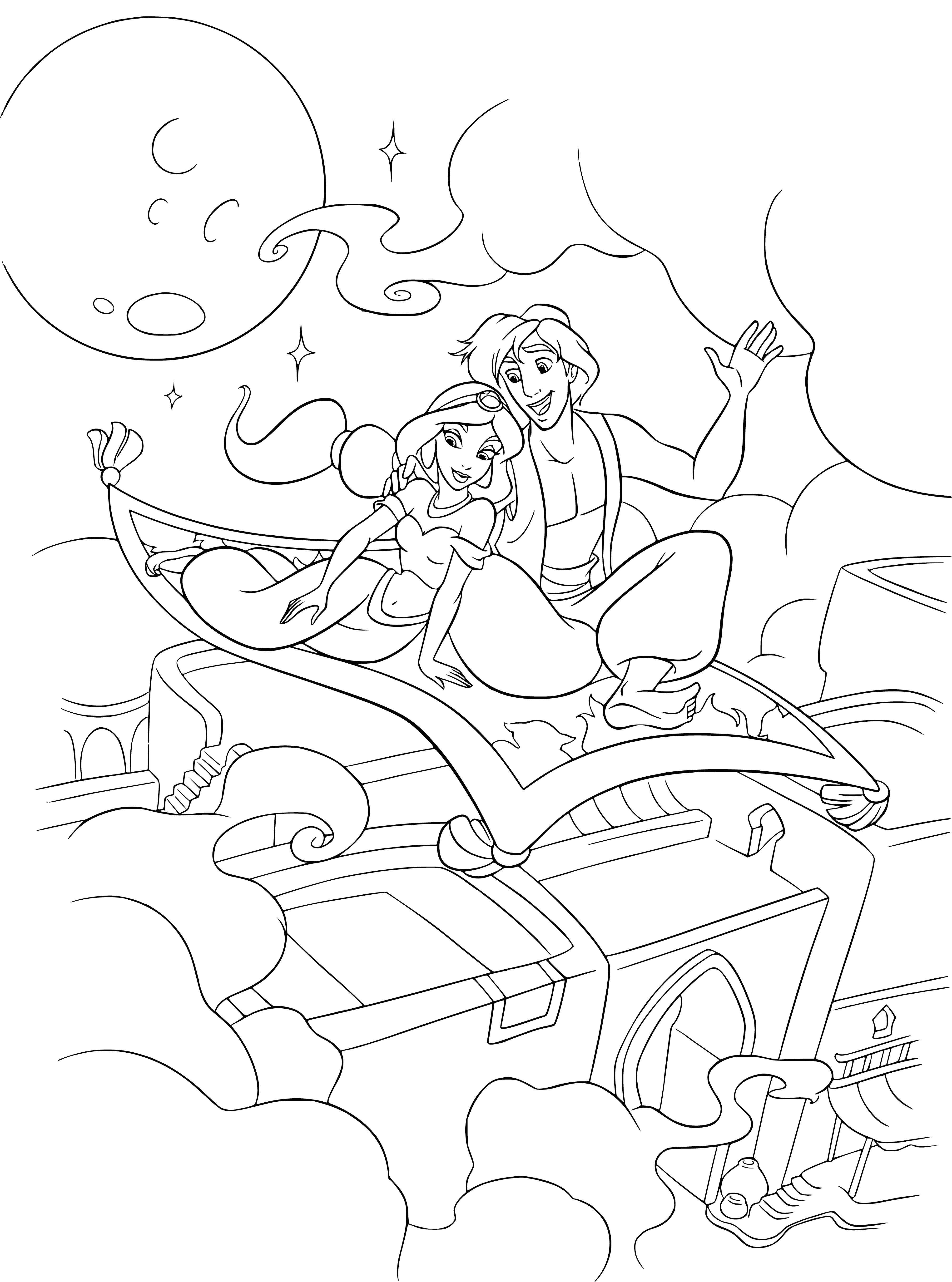 coloring page: Person riding a flying carpet over a bustling city with tall buildings and a river, holding a staff and wearing a turban and white robe. #magictravel