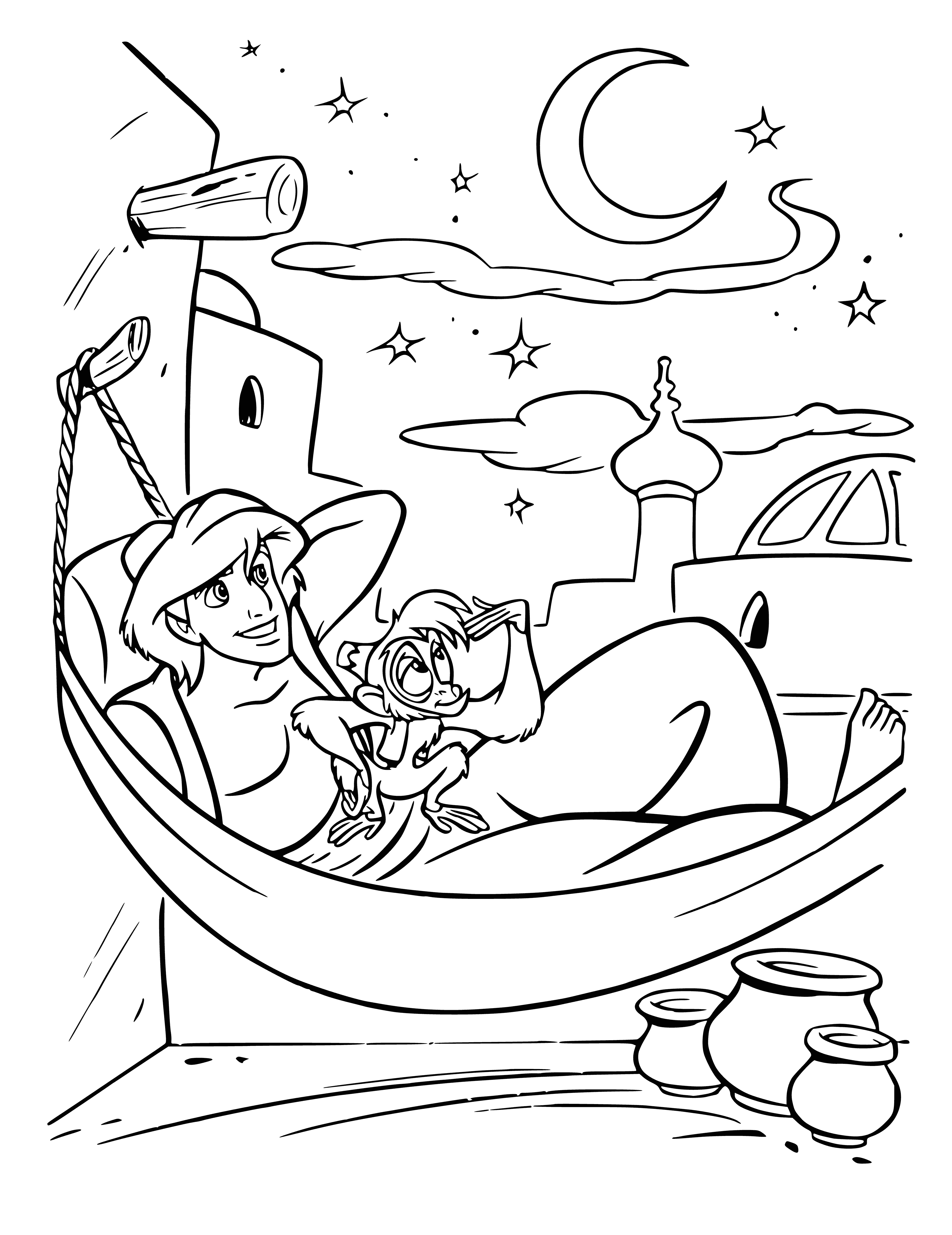 coloring page: Aladdin and Abu quarrel, Aladdin looking angry and waving his arms. Abu cowers anxiously.