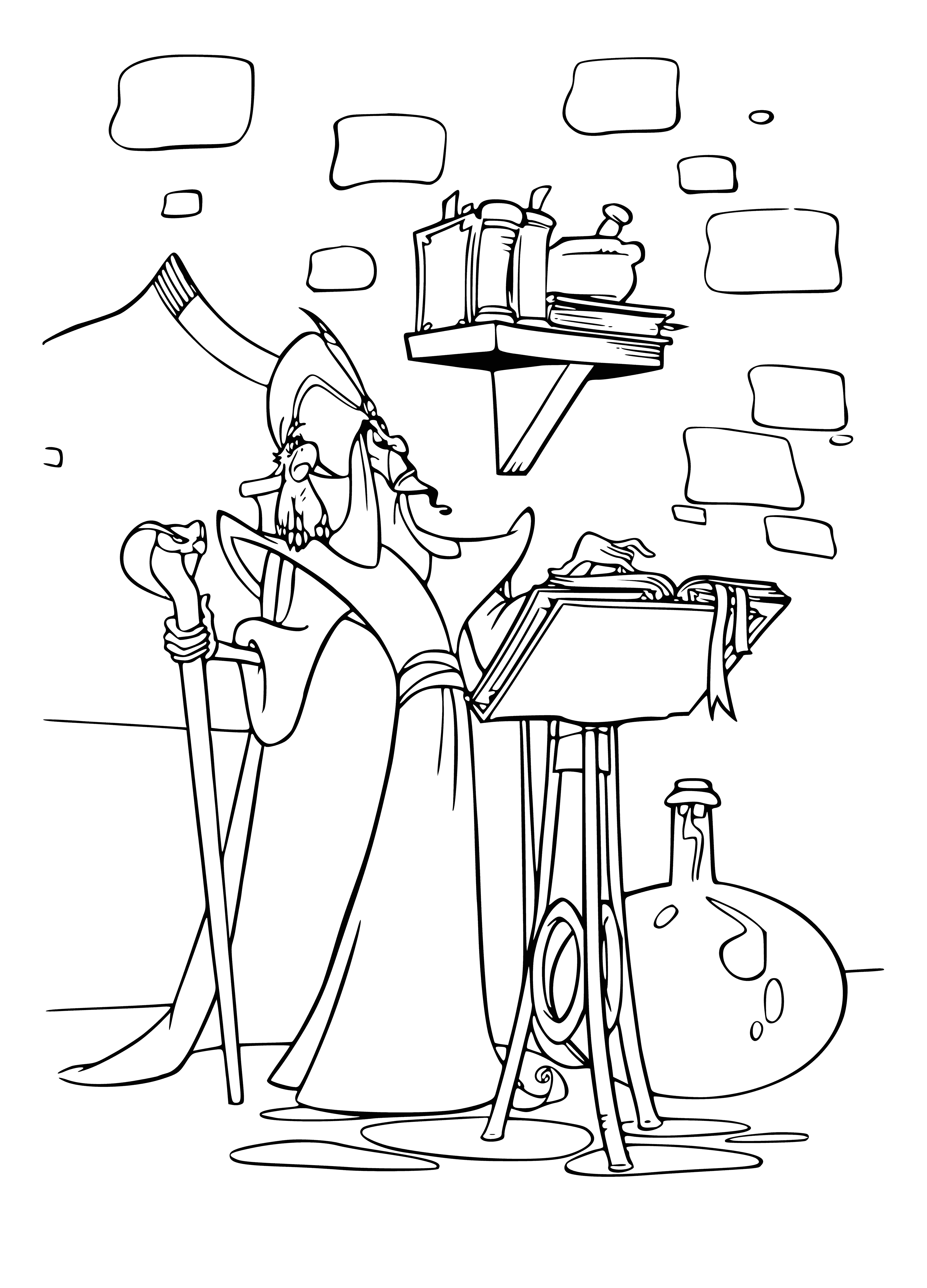 coloring page: Jafar and Iago plotted evil schemes in traditional Arabian clothing - Jafar with a scruffy beard and Iago as a colorful bird with yellow eyes.