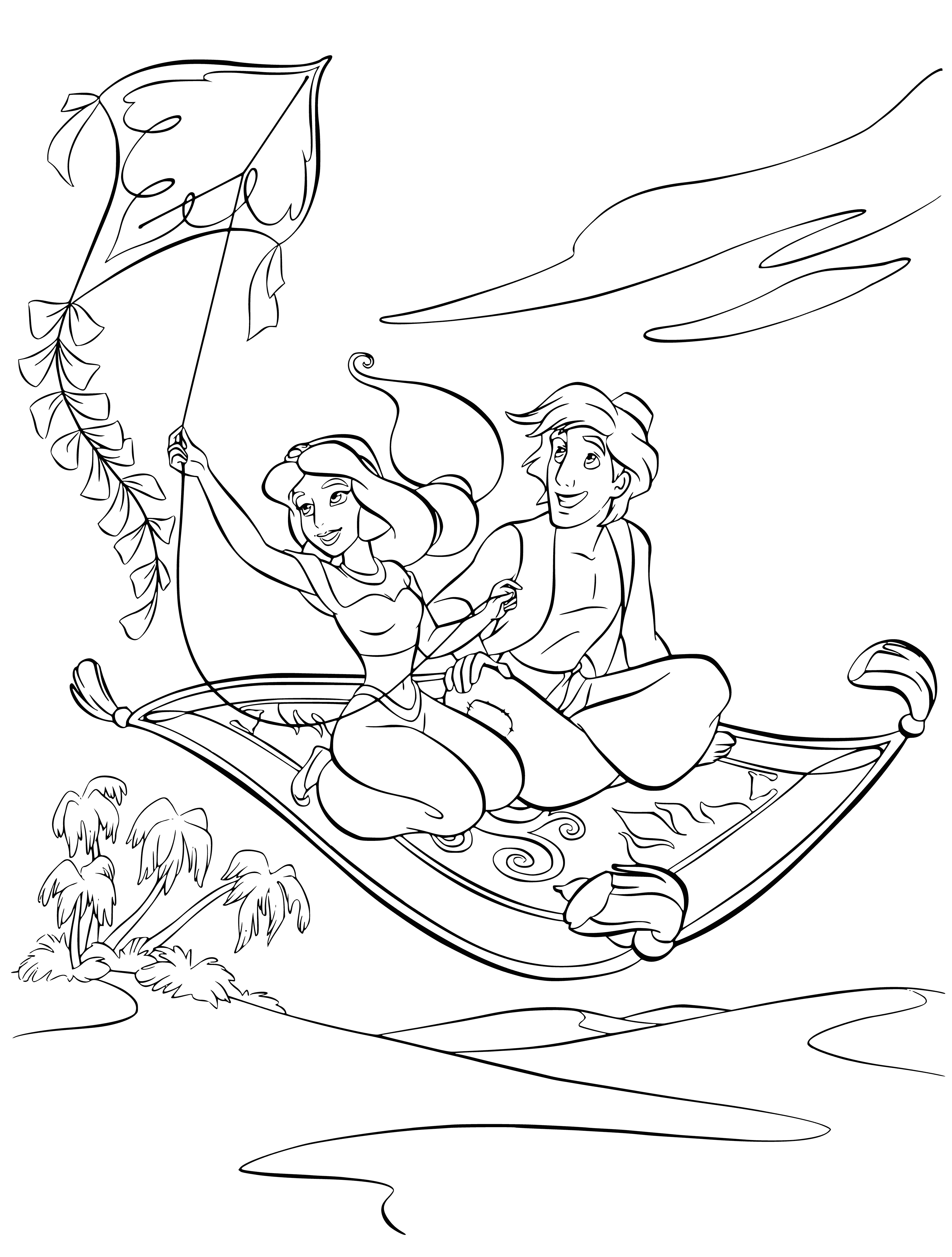 coloring page: Jasmine and Aladdin chat on a Flying Carpet while Jasmine holds a lantern.