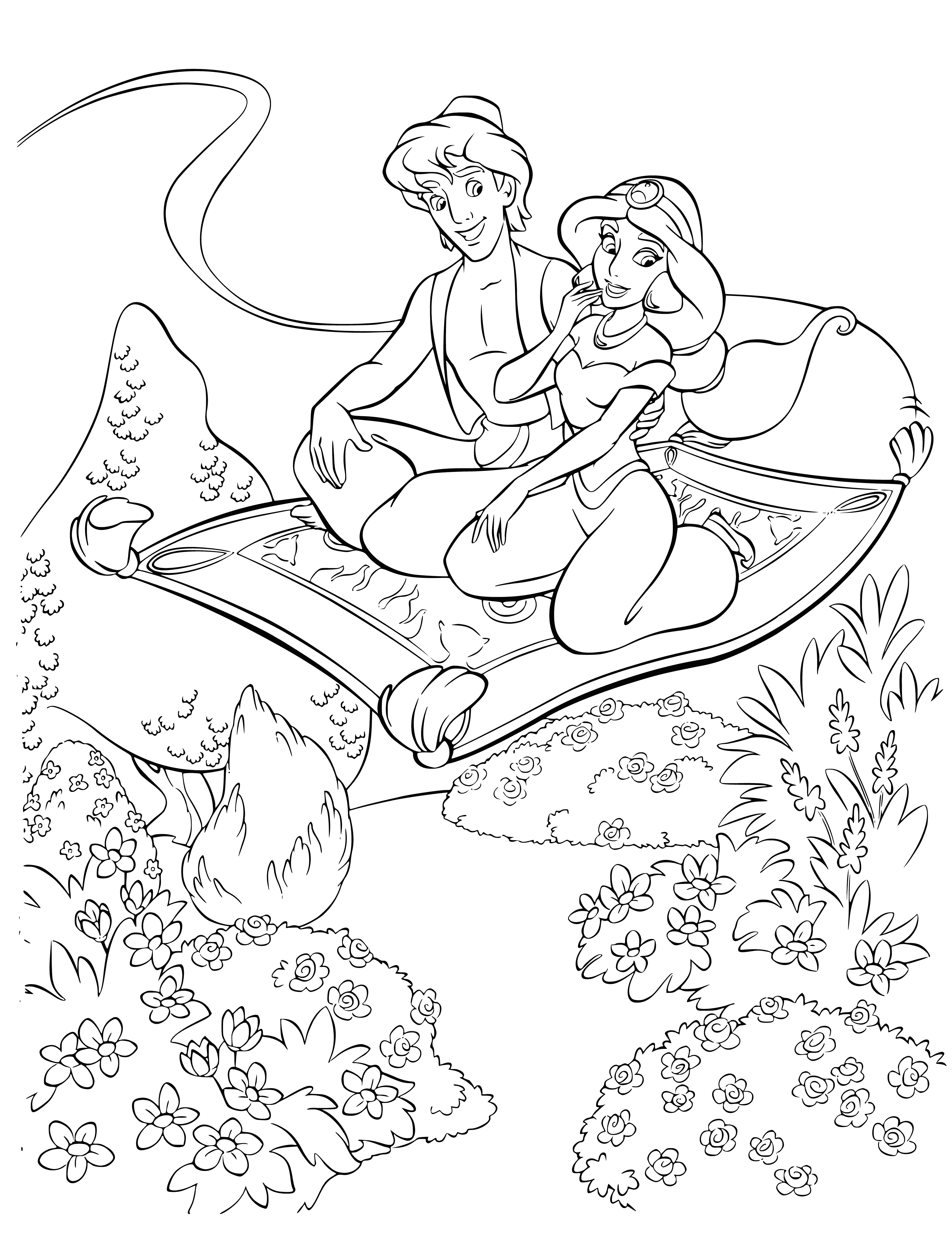 coloring page: Aladdin & Jasmine ride a carpet through the air, surrounded by barrels of gold. #Disney #magic #1001nights