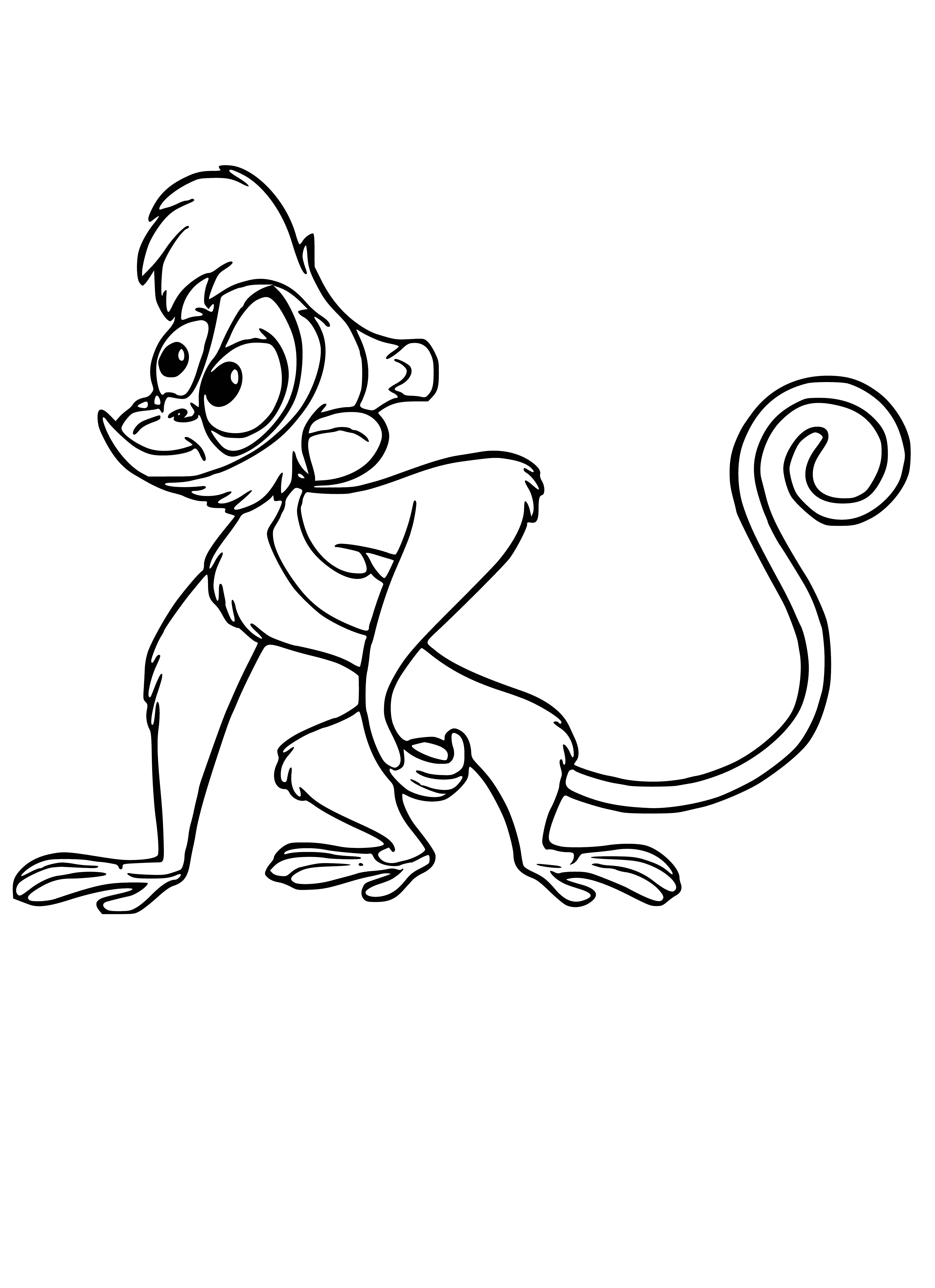 coloring page: Monkey holds knife & spoon, wearing blue & white scarf.