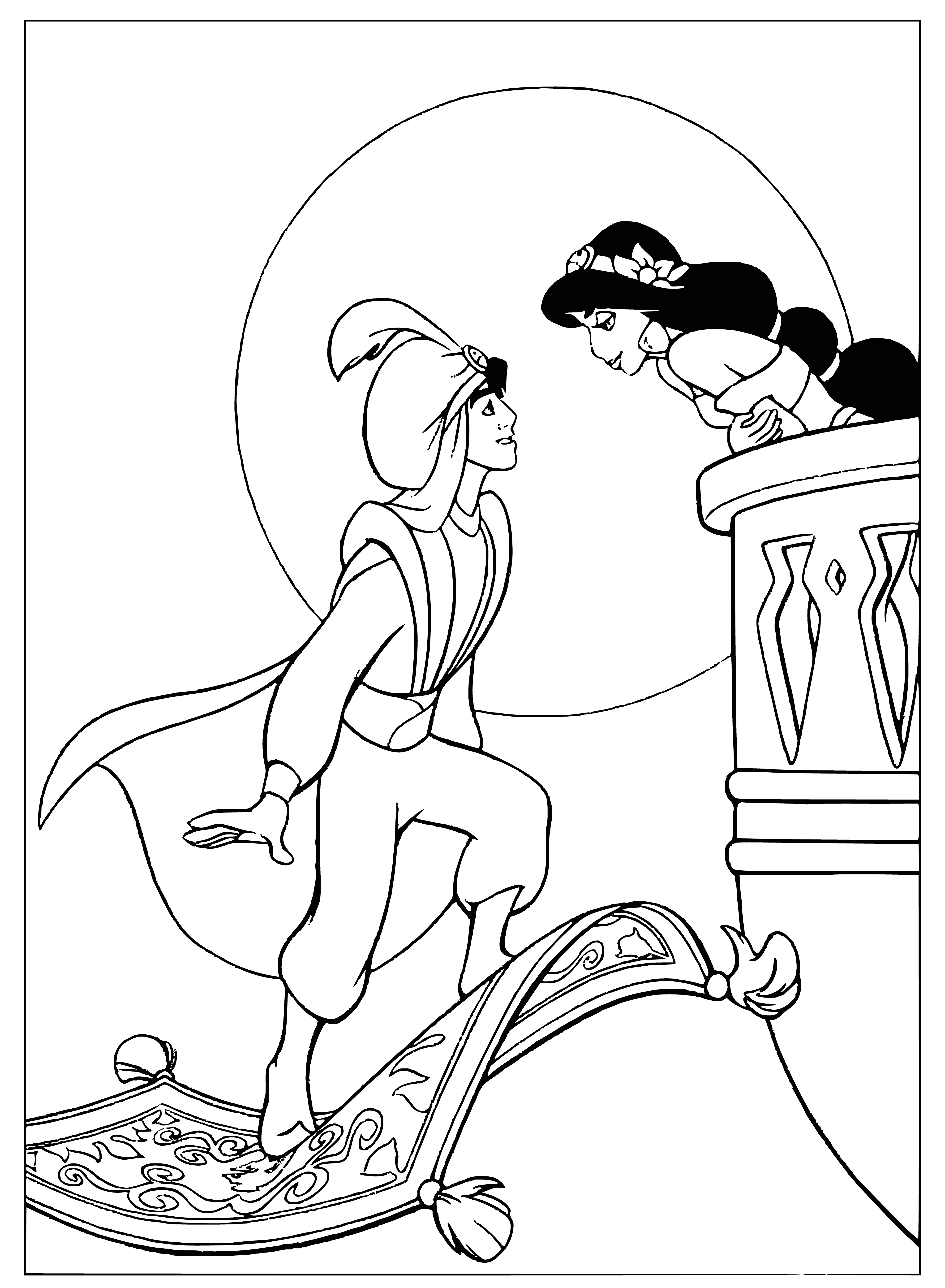 coloring page: Aladdin stands on a flying carpet, wearing a white outfit and black hair. Behind him, an Arabian palace stands, majestic with turrets and domes.