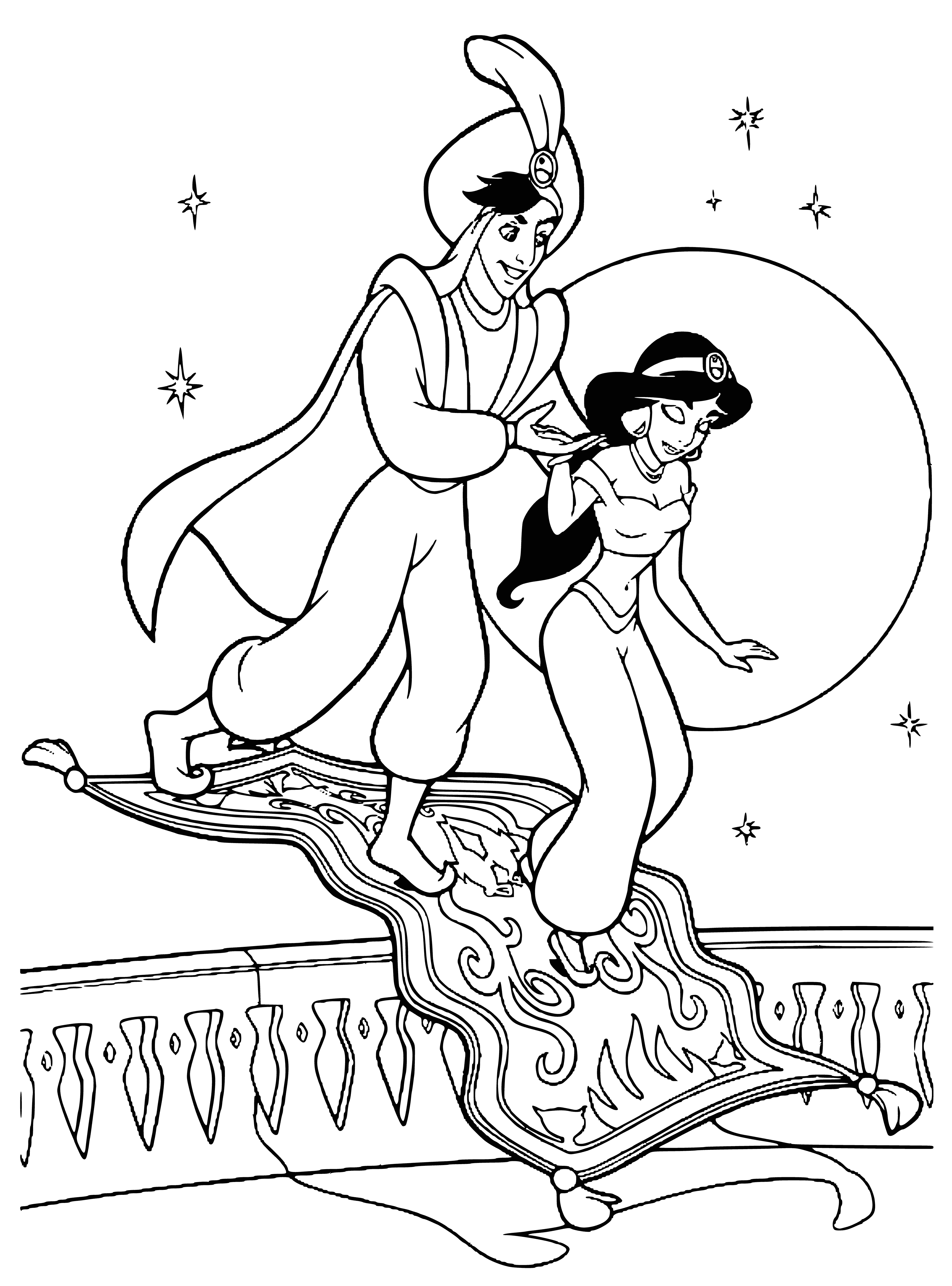coloring page: Boy and monkey fly on levitating carpet over city at night as stars twinkle in the sky.