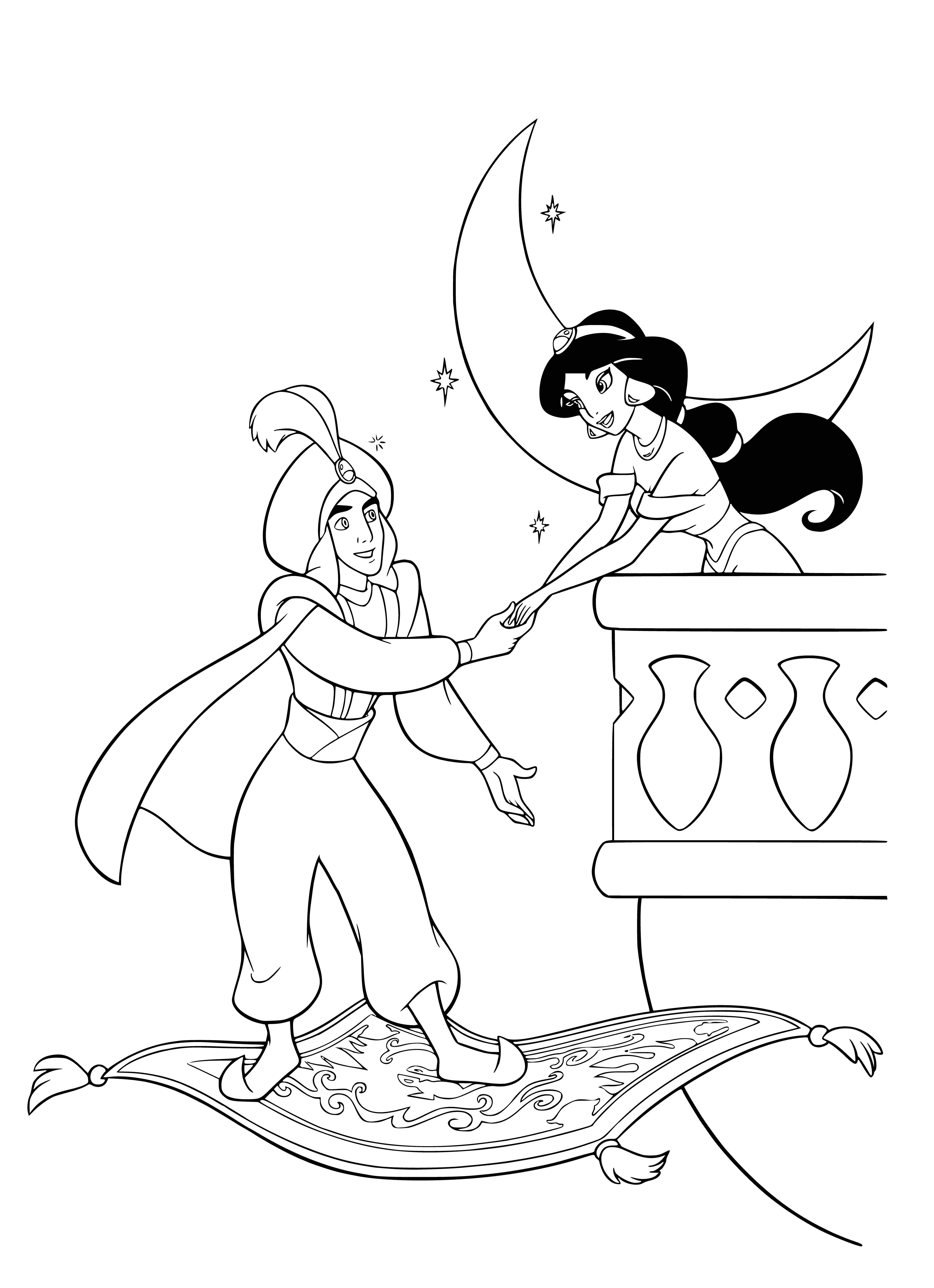 coloring page: Aladdin and Jasmine, hand in hand, look lovingly into each other's eyes, filled with joy and a bright future ahead.