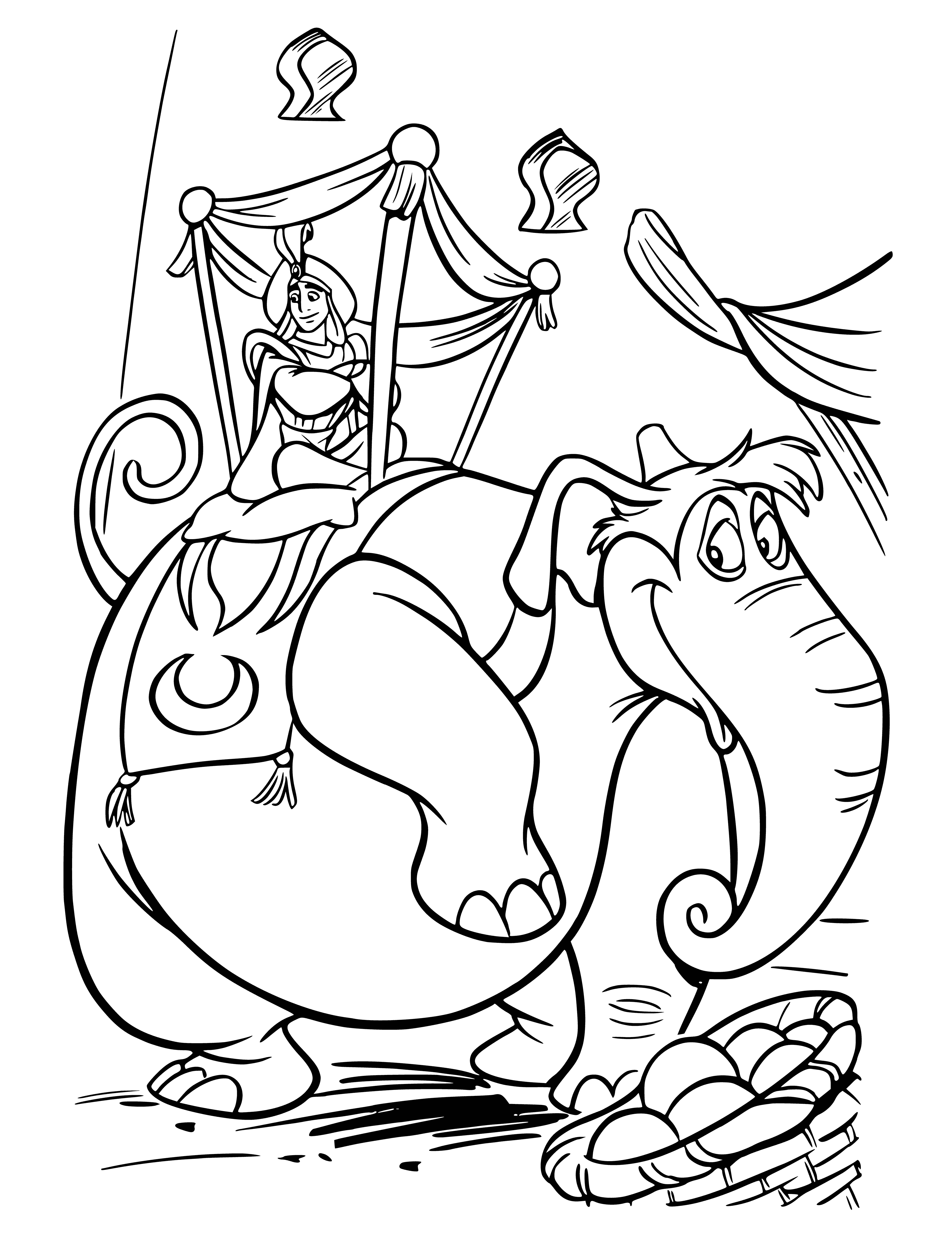 coloring page: Aladdin stands in a city of cheering people, holding a sword and shield in each hand. In the background is a cityscape of towers and minarets. #Disney #Aladdin
