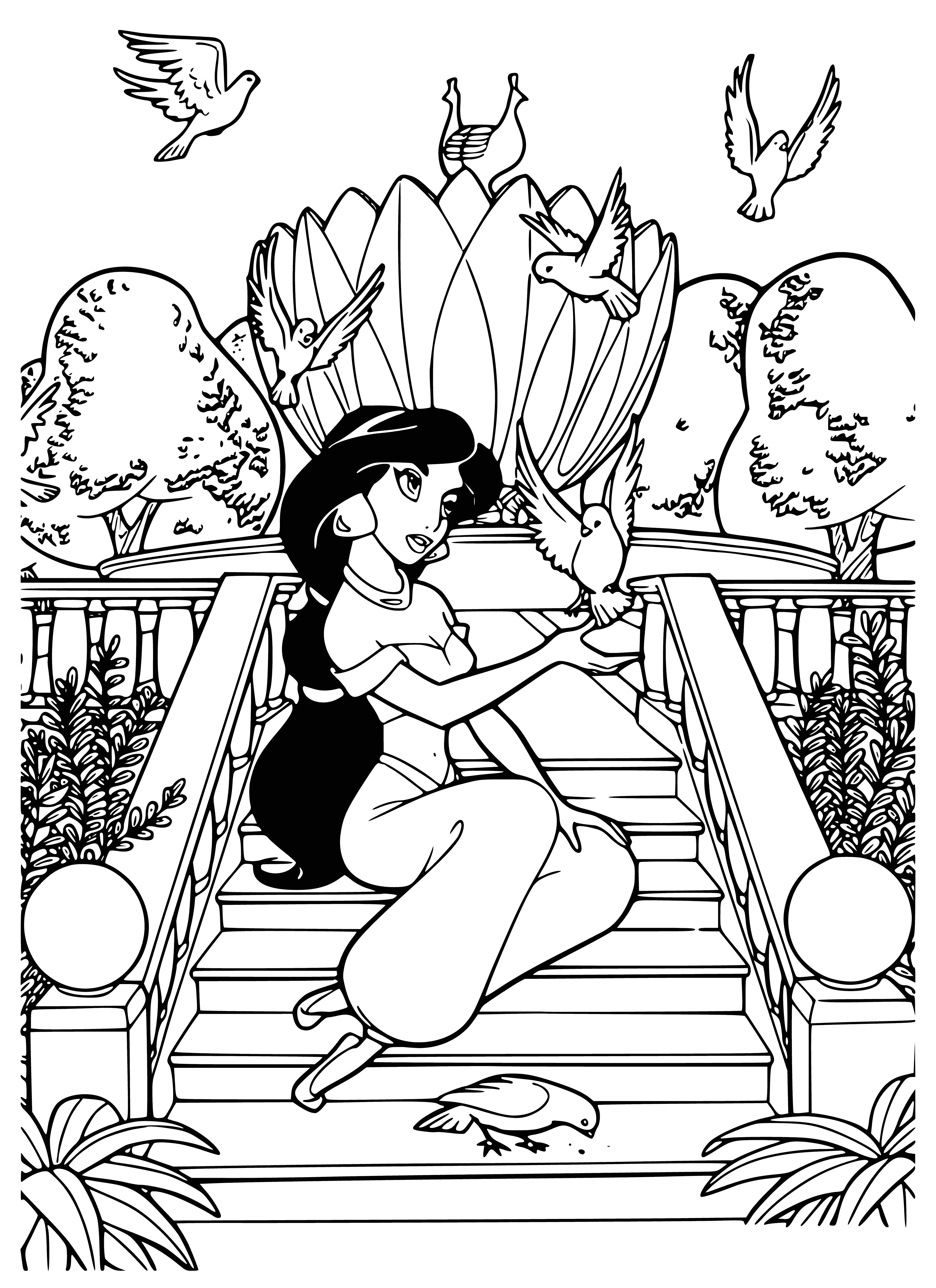 coloring page: Coloring page of princess Jasmine from Aladdin, dressed in purple outfit w/ gold trim & headband, standing by large window with serious expression.