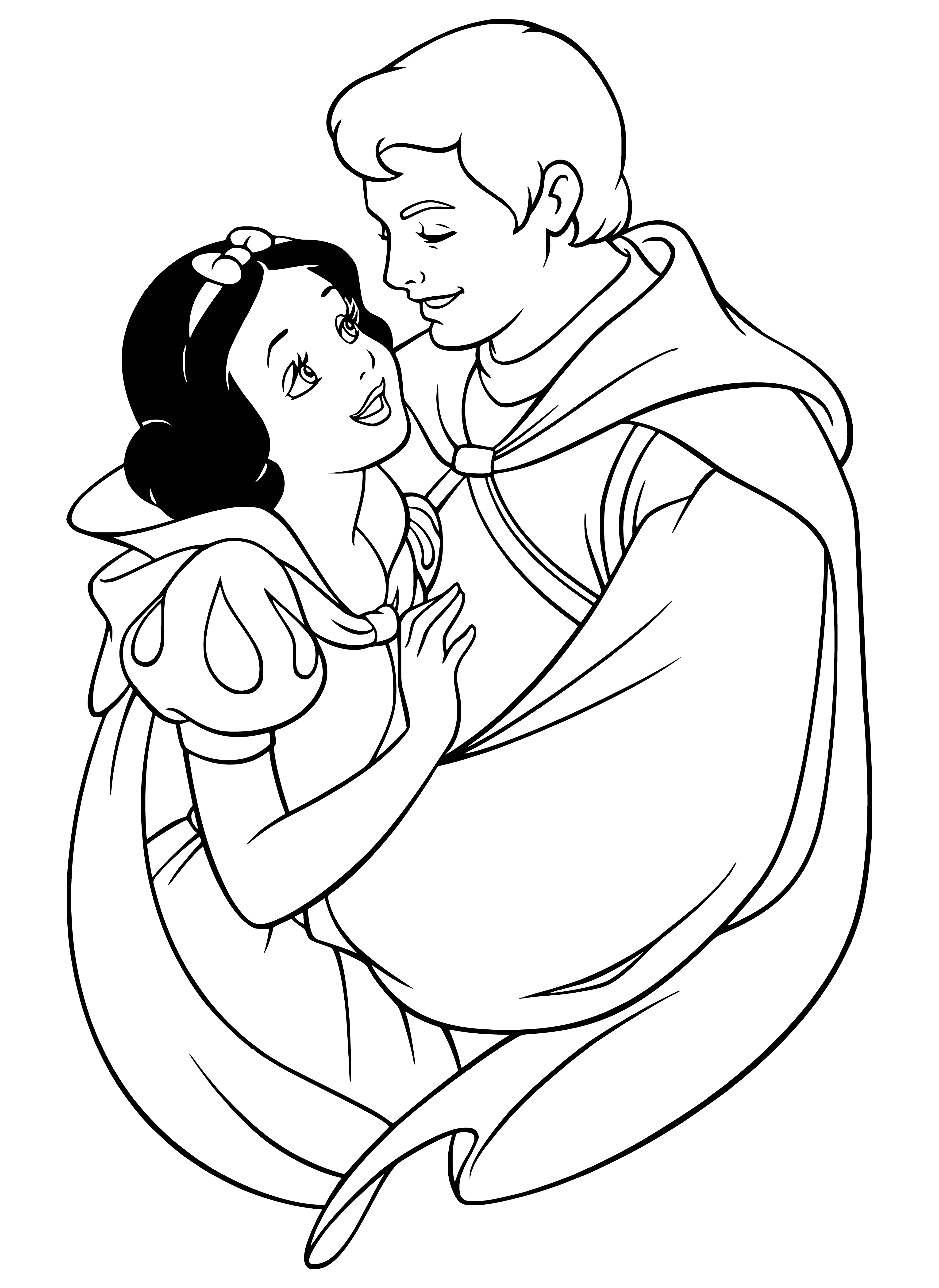 coloring page: Snow White stands smiling in front of the Prince, holding a flower.