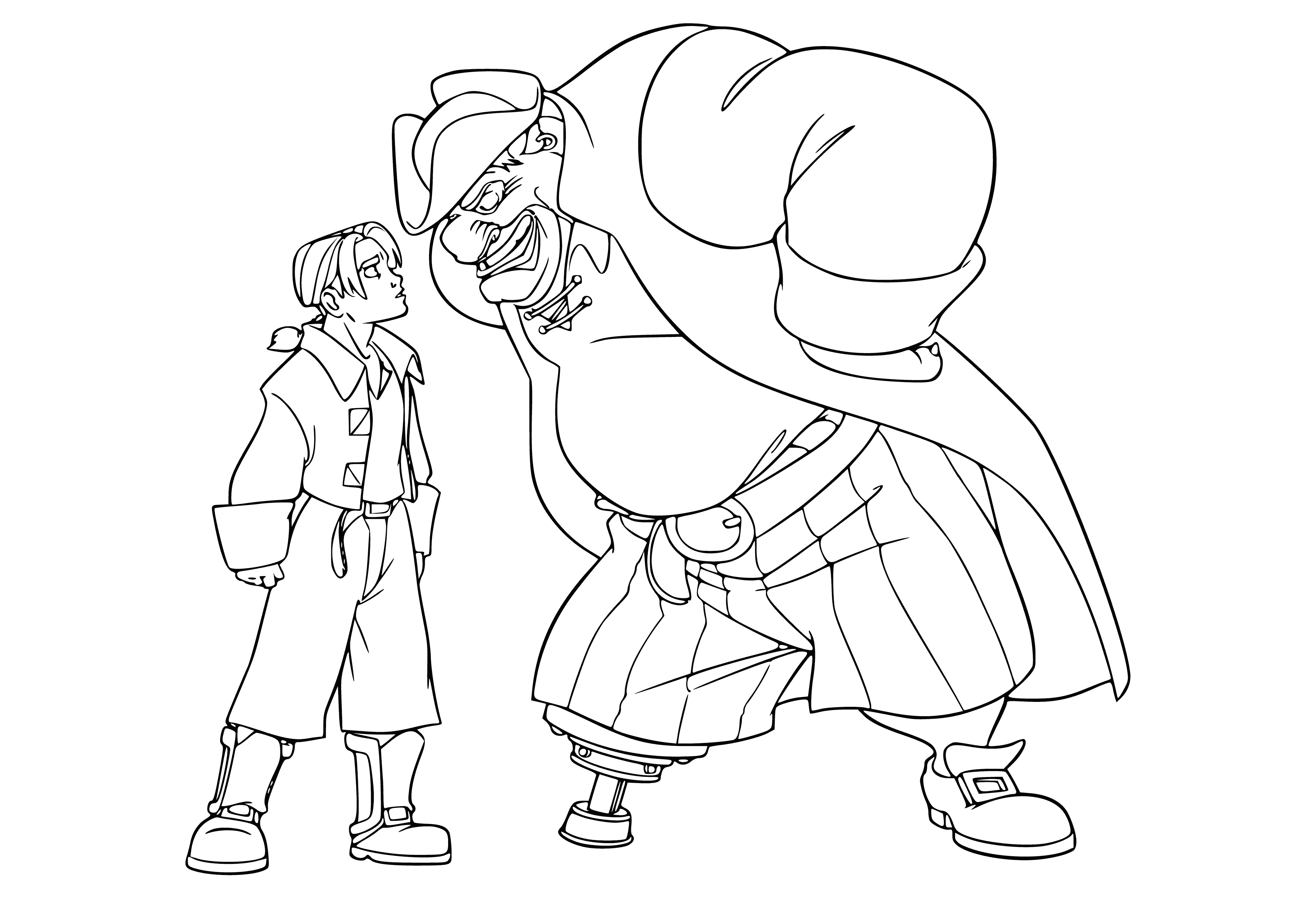 coloring page: Jim Hawkins views distant seas through telescope with Silver at his side.