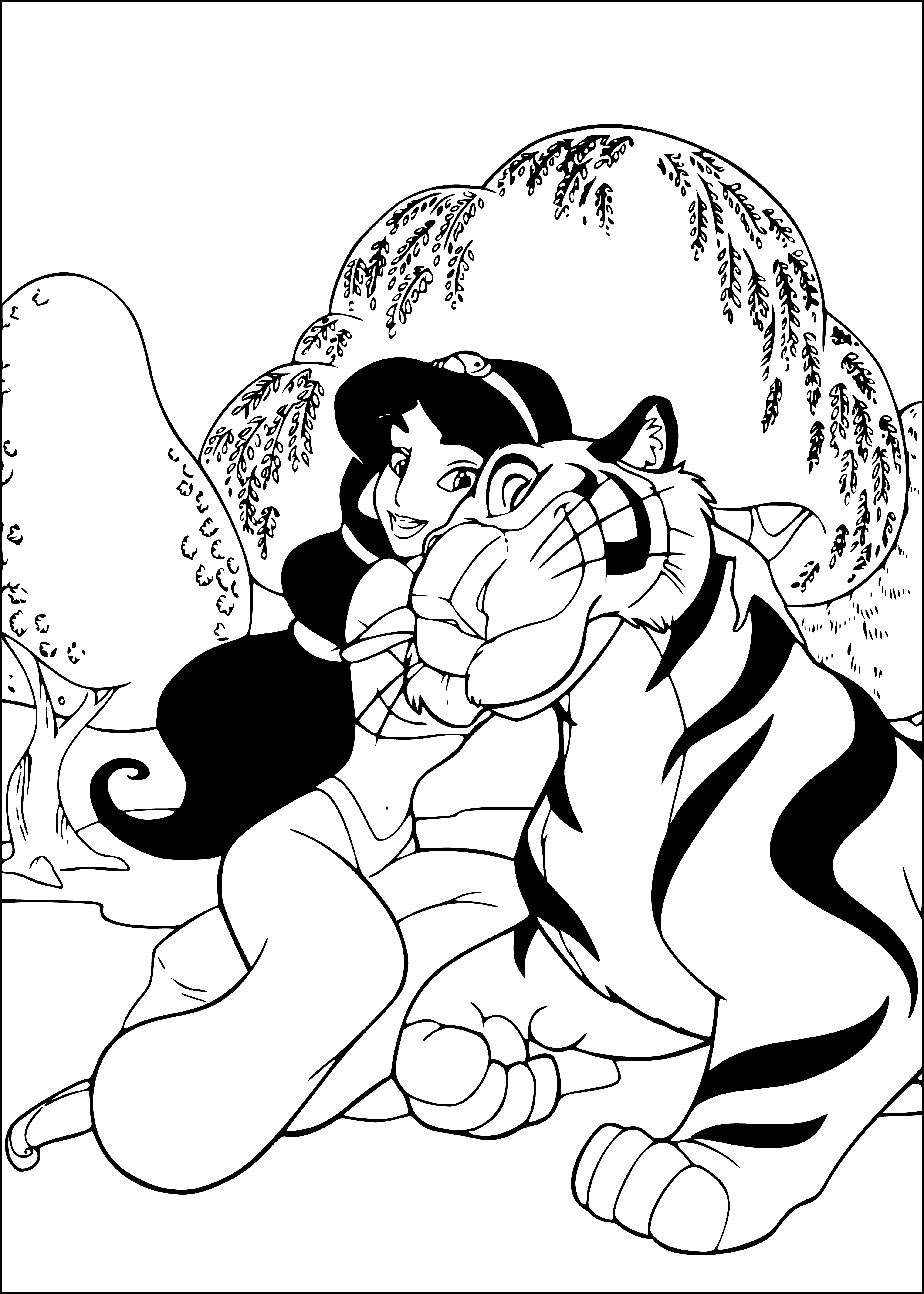 coloring page: Aladdin and Jasmine fly on a magic carpet, accompanied by a tiger, looking scared over a city.