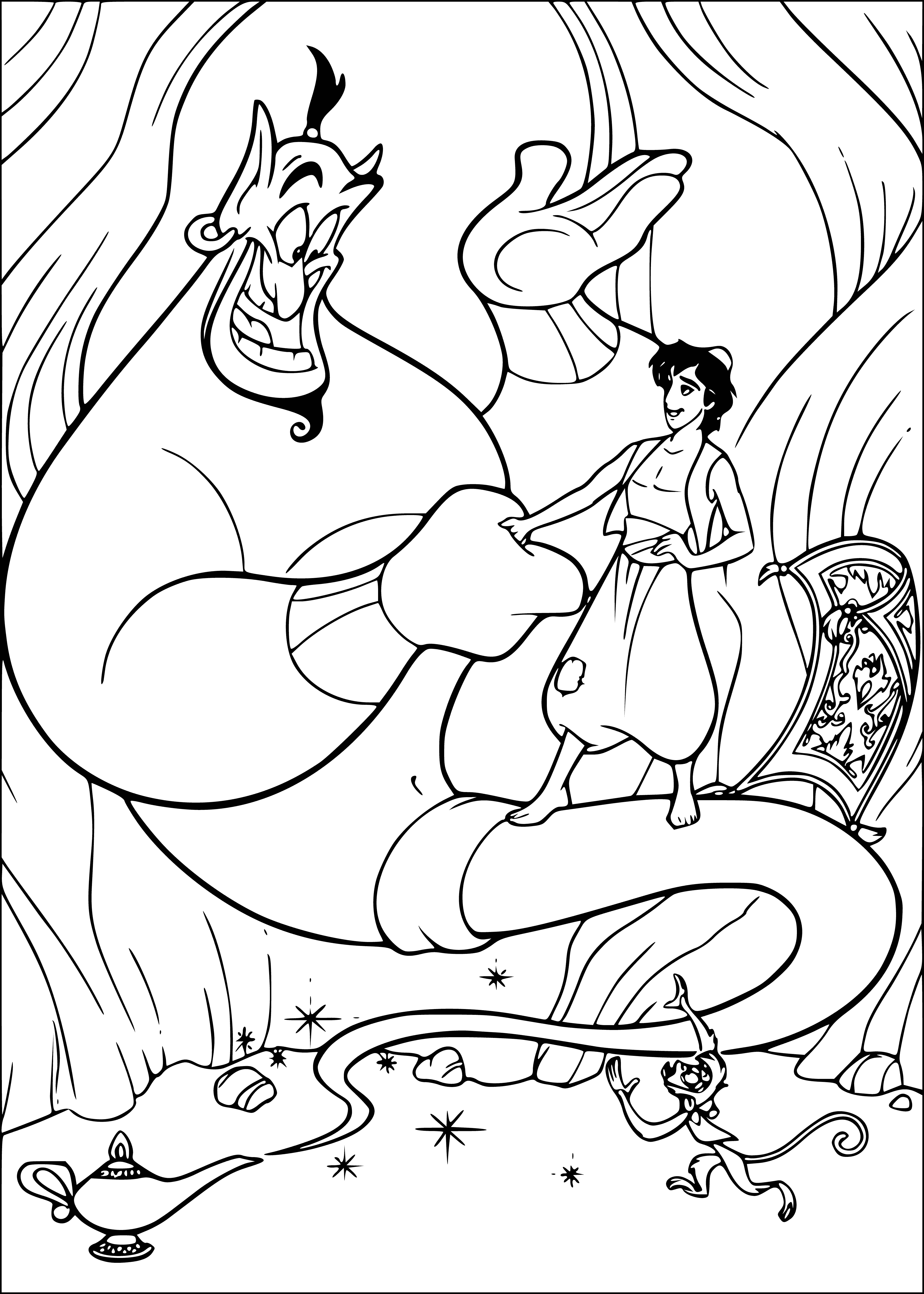 coloring page: --> Aladdin is ecstatic to find a lamp in a cave; a wish-granting adventure awaits!