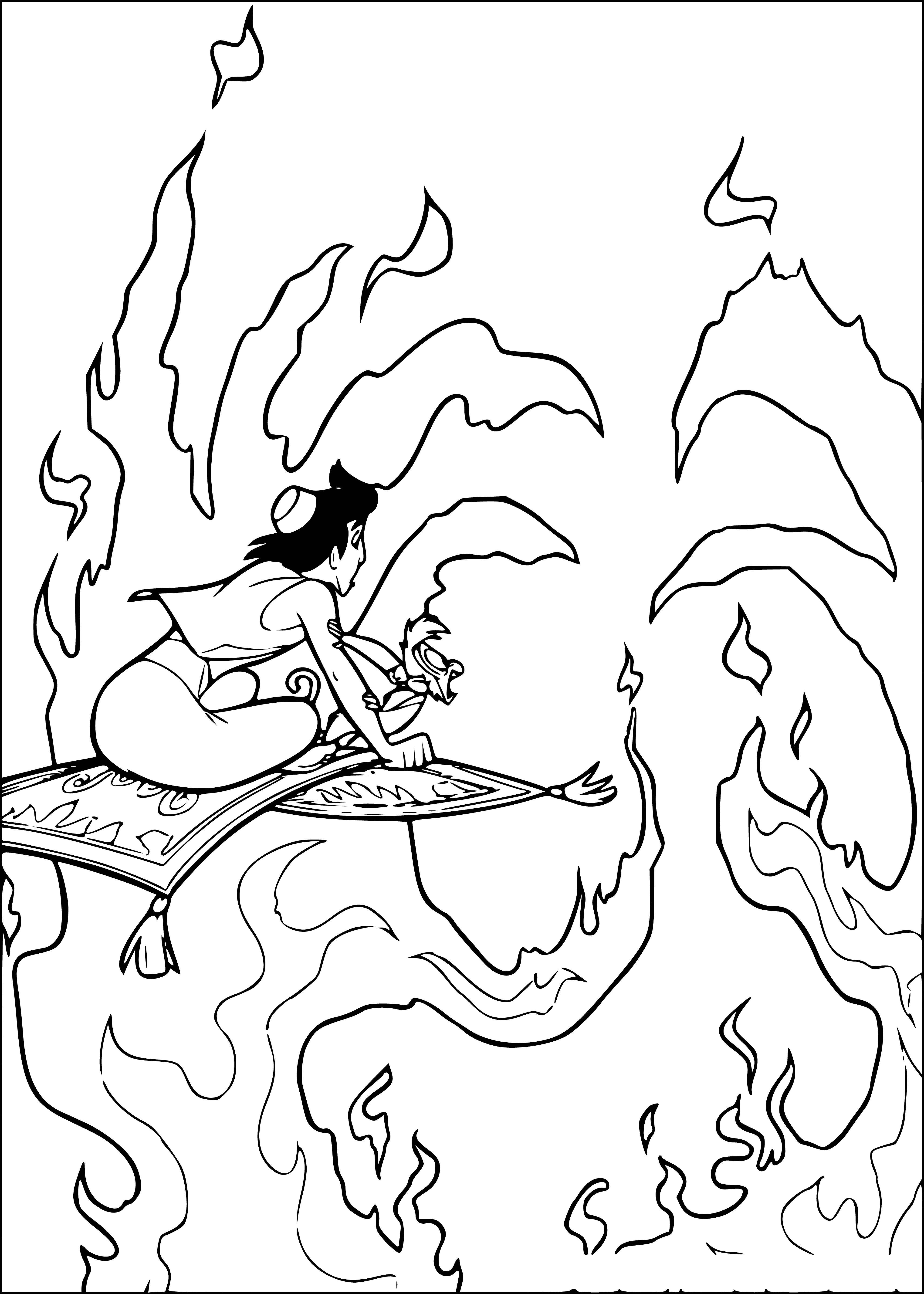 coloring page: Aladdin and Genie stand in front of a wall of flames, with the Genie holding a giant fireball. #Aladdin #Genie