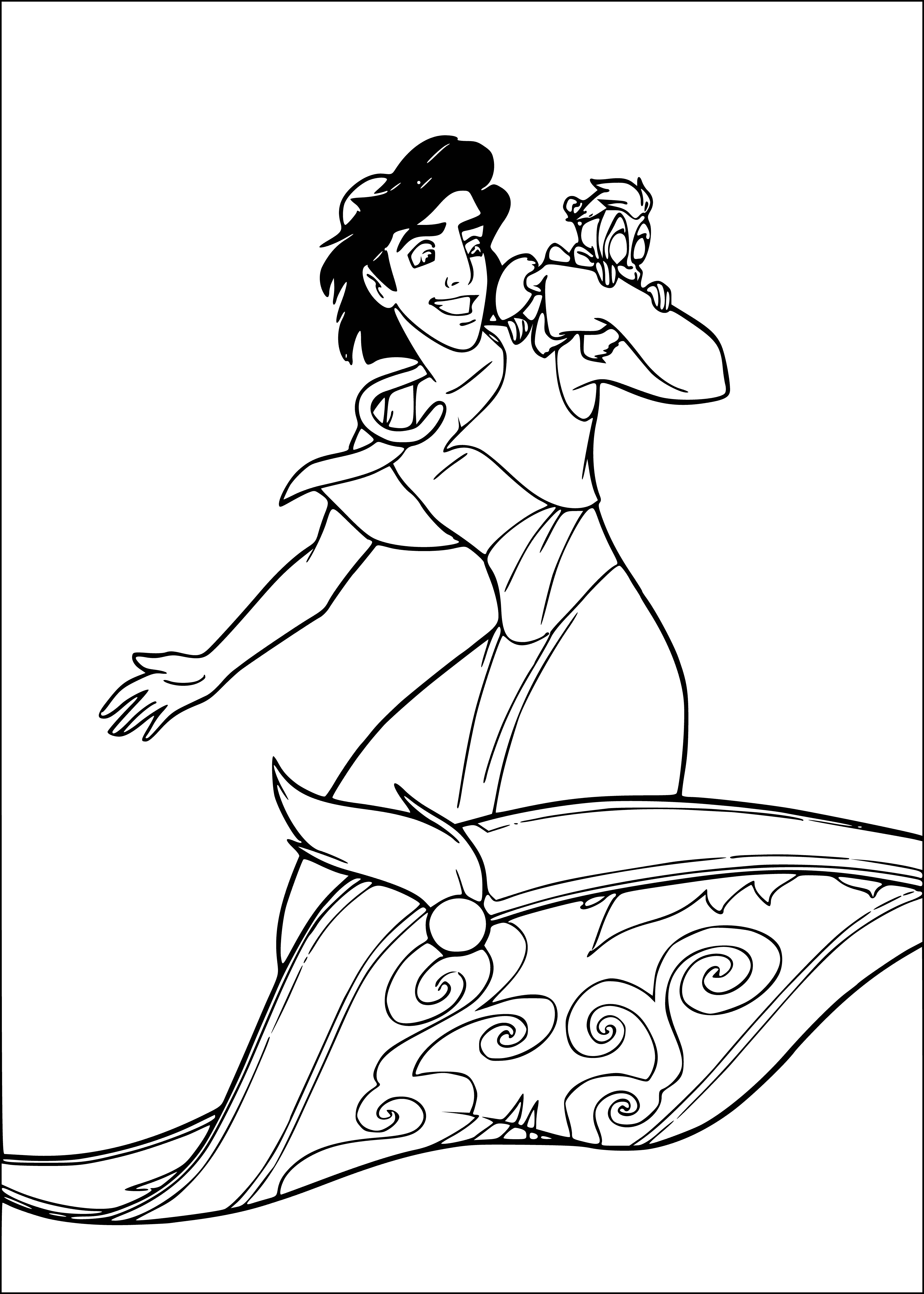 coloring page: Aladdin soars above the ground on a magical carpet, arms outstretched and a big grin on his face. #magic