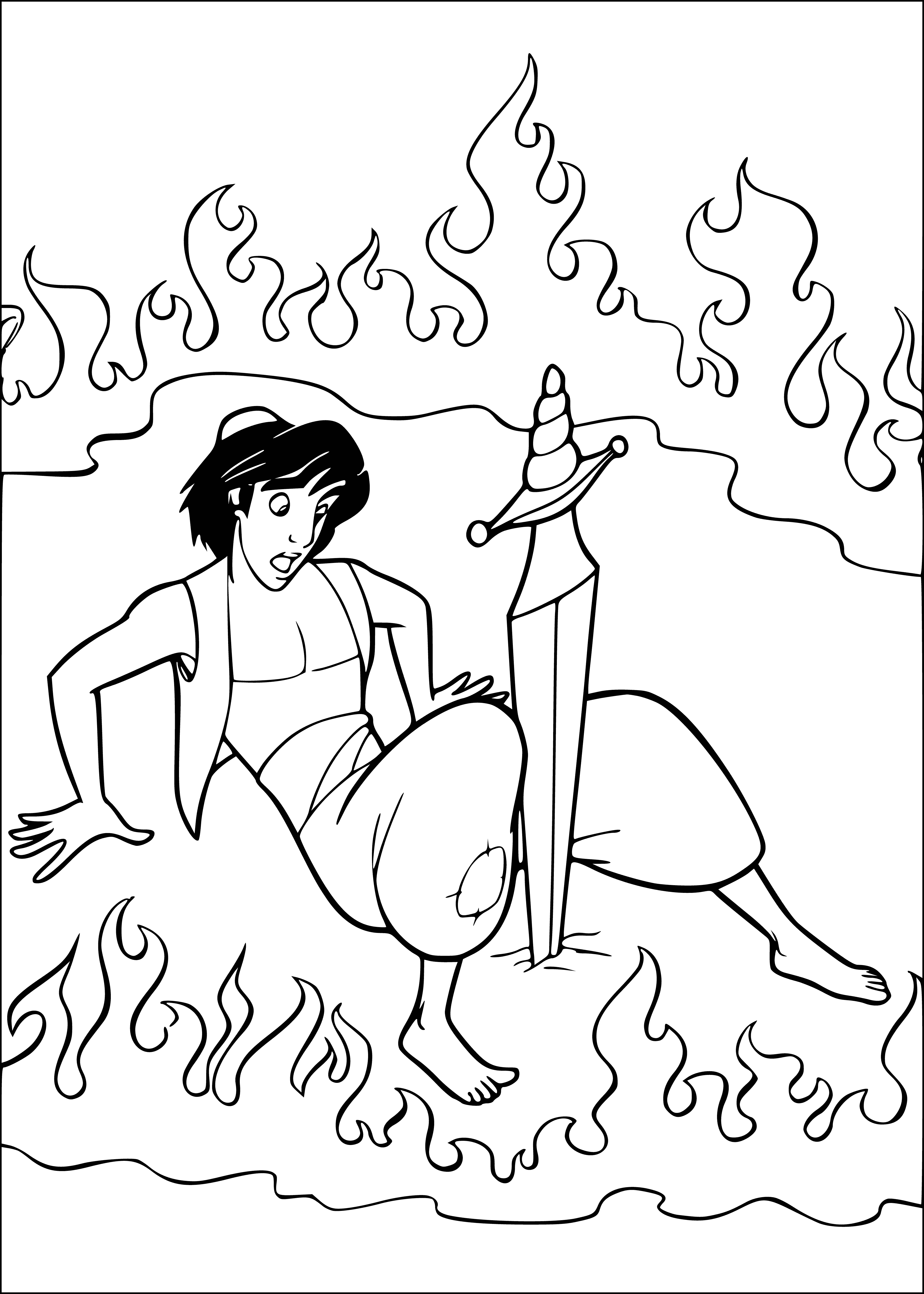 coloring page: Aladdin leaps with flaming sword, his clothes and hair burning. He looks determined, ready to fight, unaffected by the fire. #Aladdin #ColoringPage