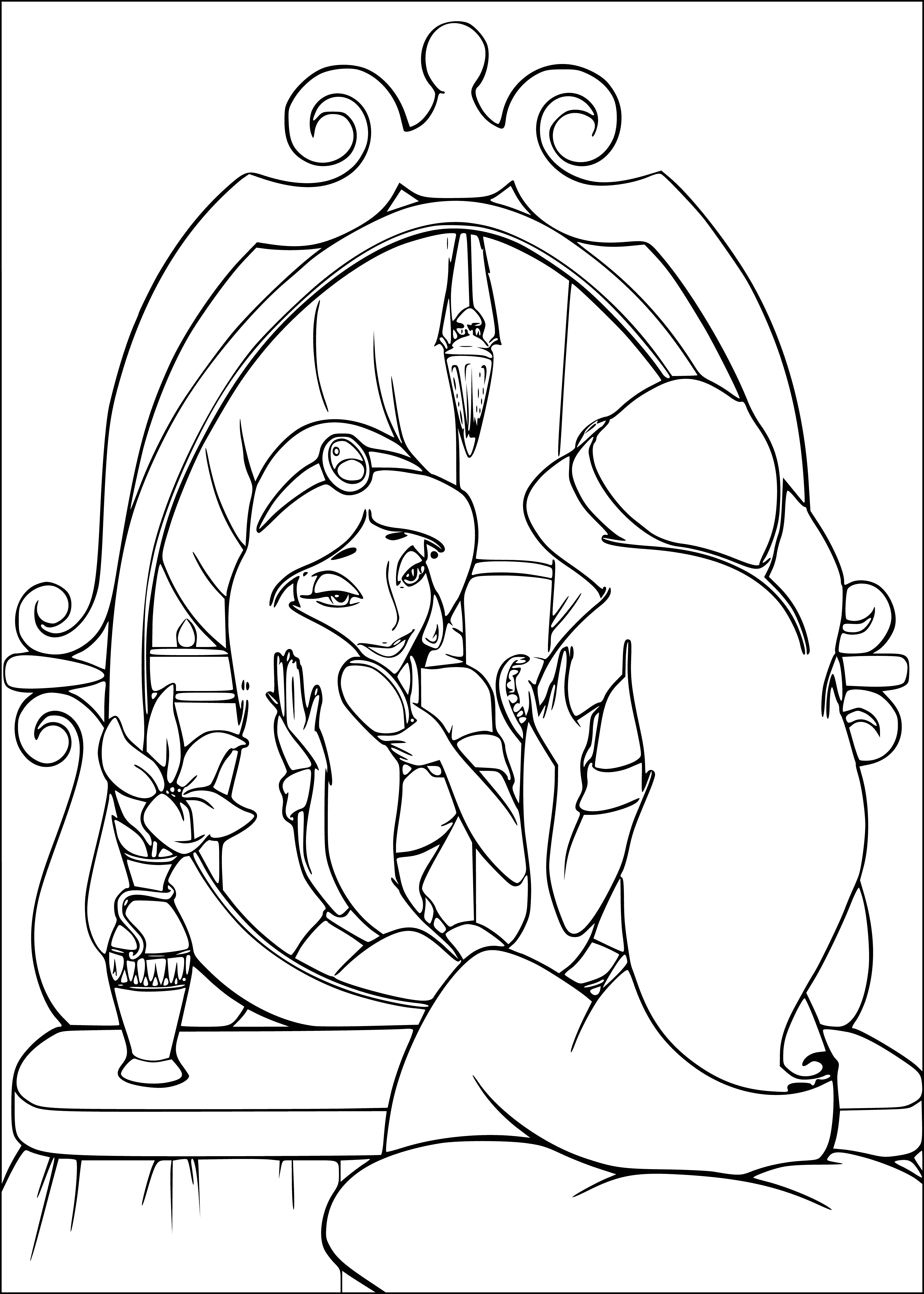coloring page: Aladdin kneels, holding Princess Jasmine's hand with a ring box. She smiles. A romantic moment.