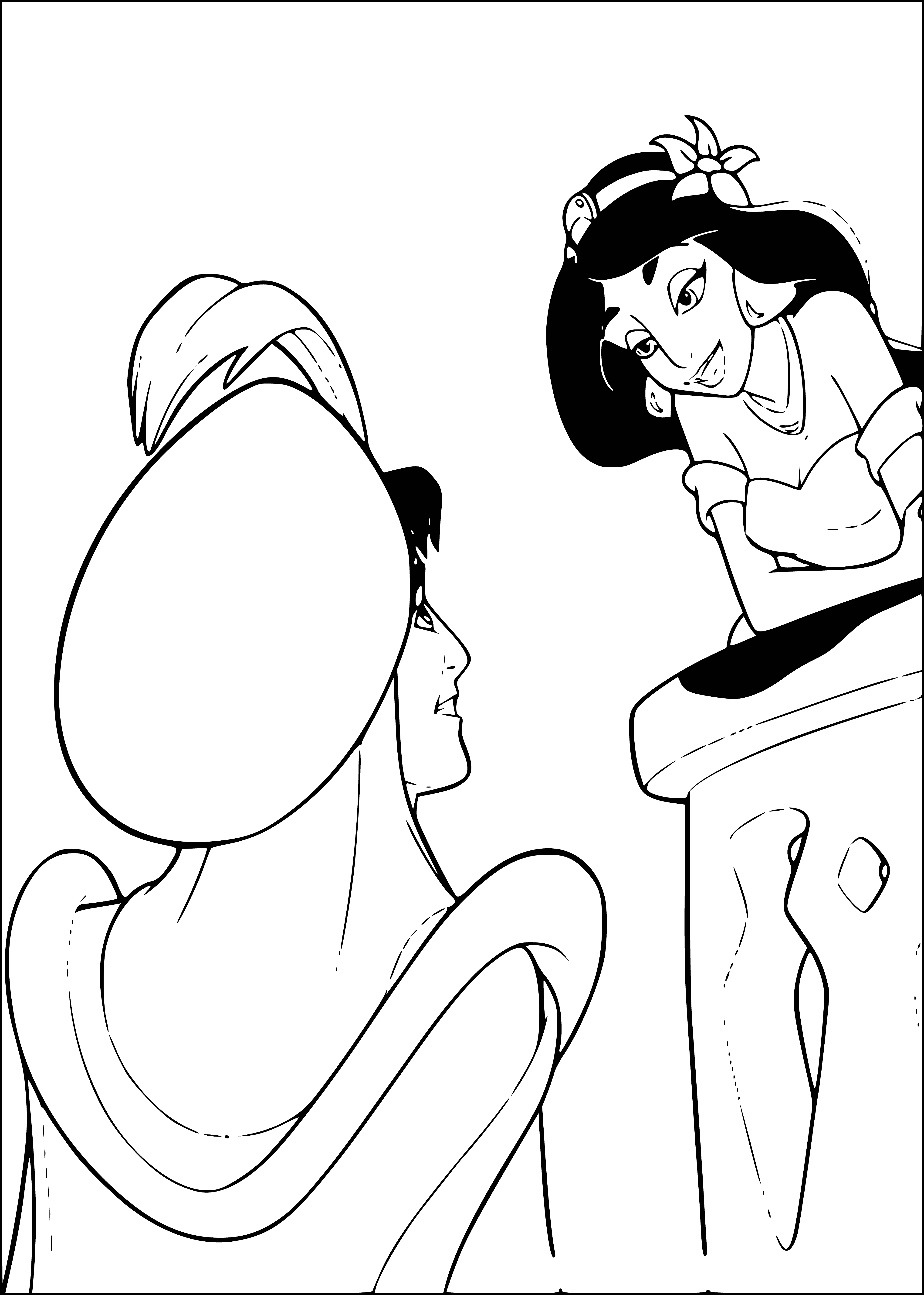 coloring page: Aladdin and Jasmine fly through a blue sky on a magic carpet, smiling and embracing each other.