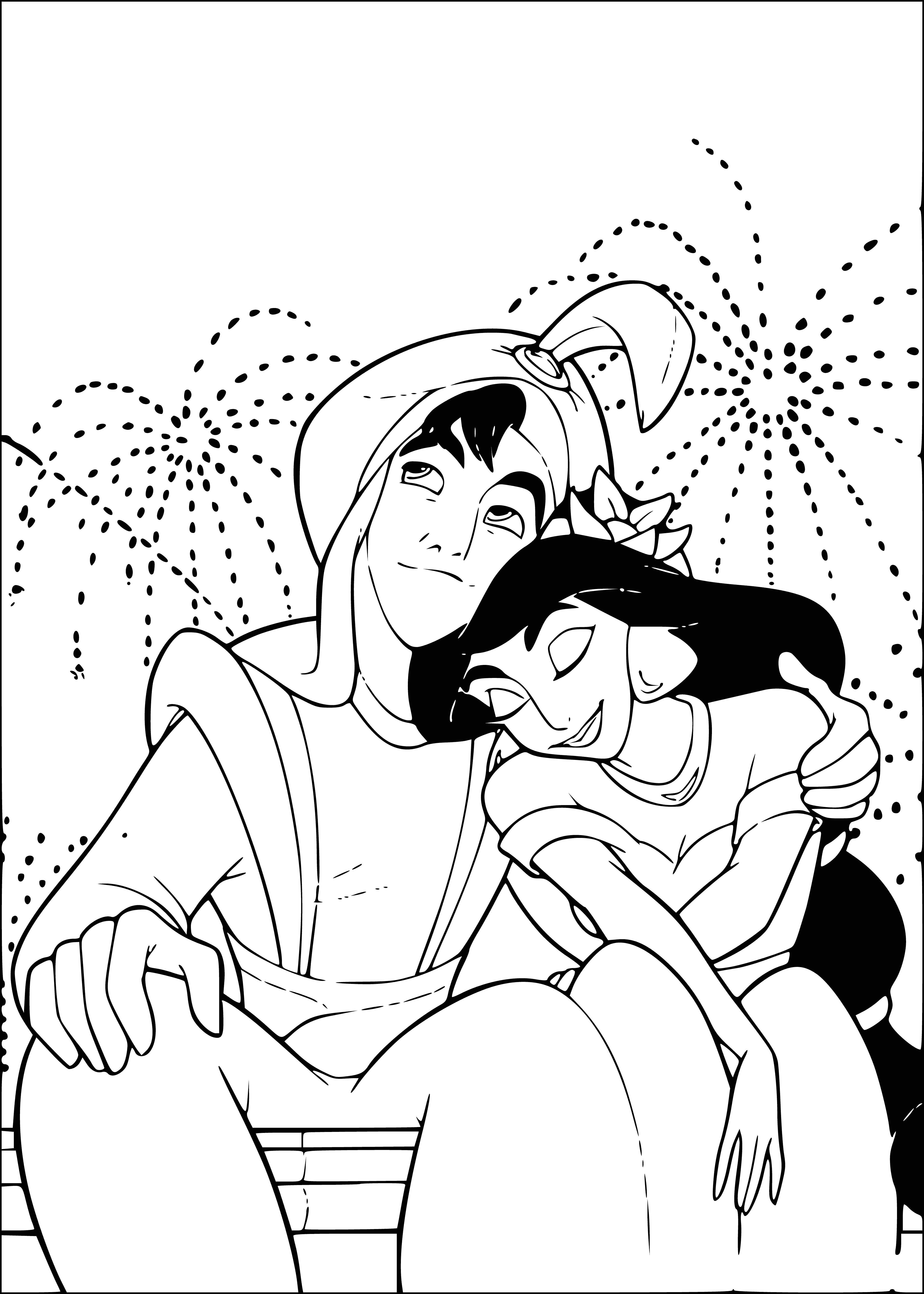 coloring page: Aladdin & Jasmine embrace, eyes closed, her hand near her face while he holds her waist. Behind them a large purple flower. #Aladdin