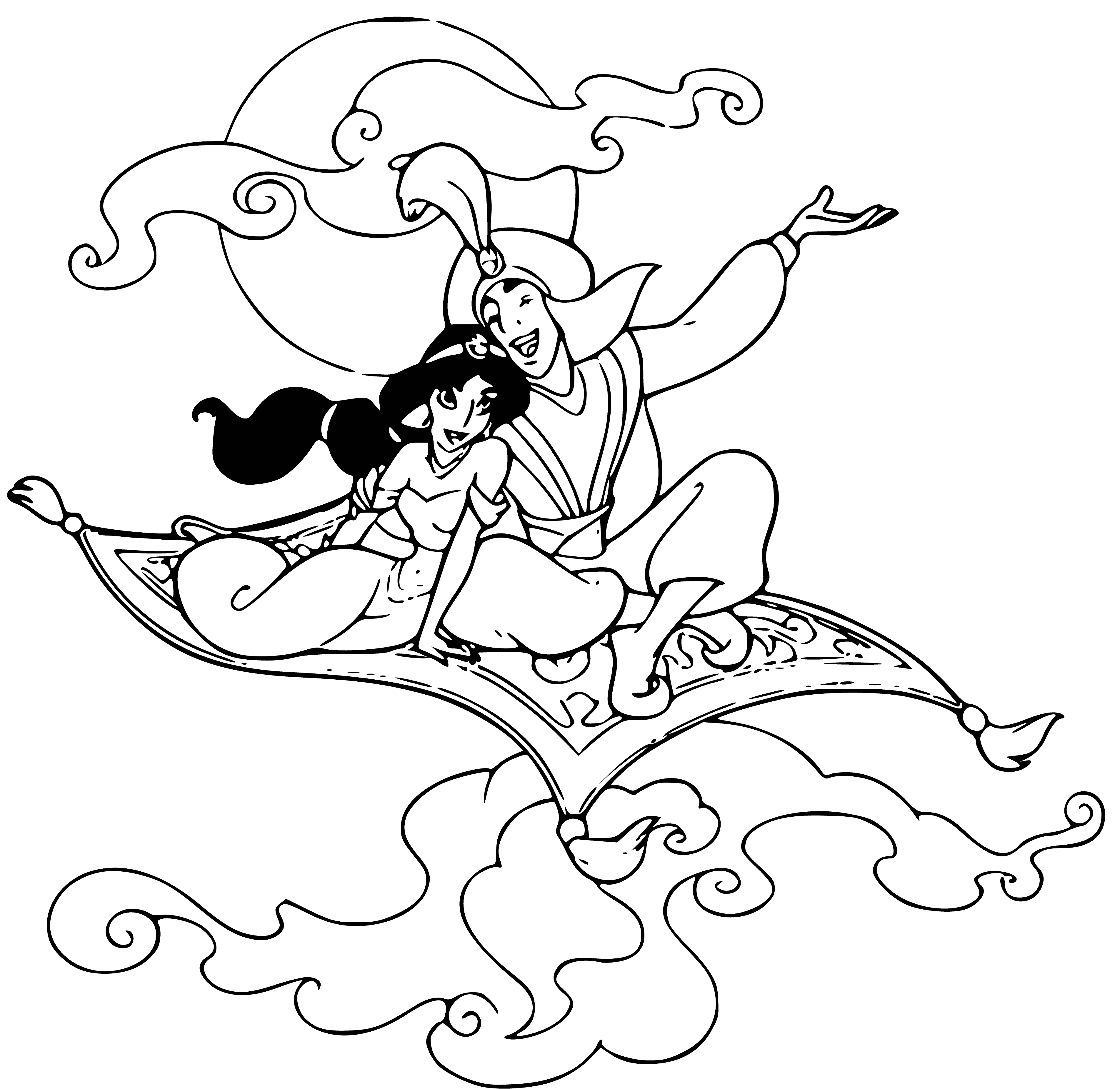 coloring page: Aladdin flies on a carpet plane over a cityscape with a lake, wearing purple and a white headscarf, brandishing a sword.