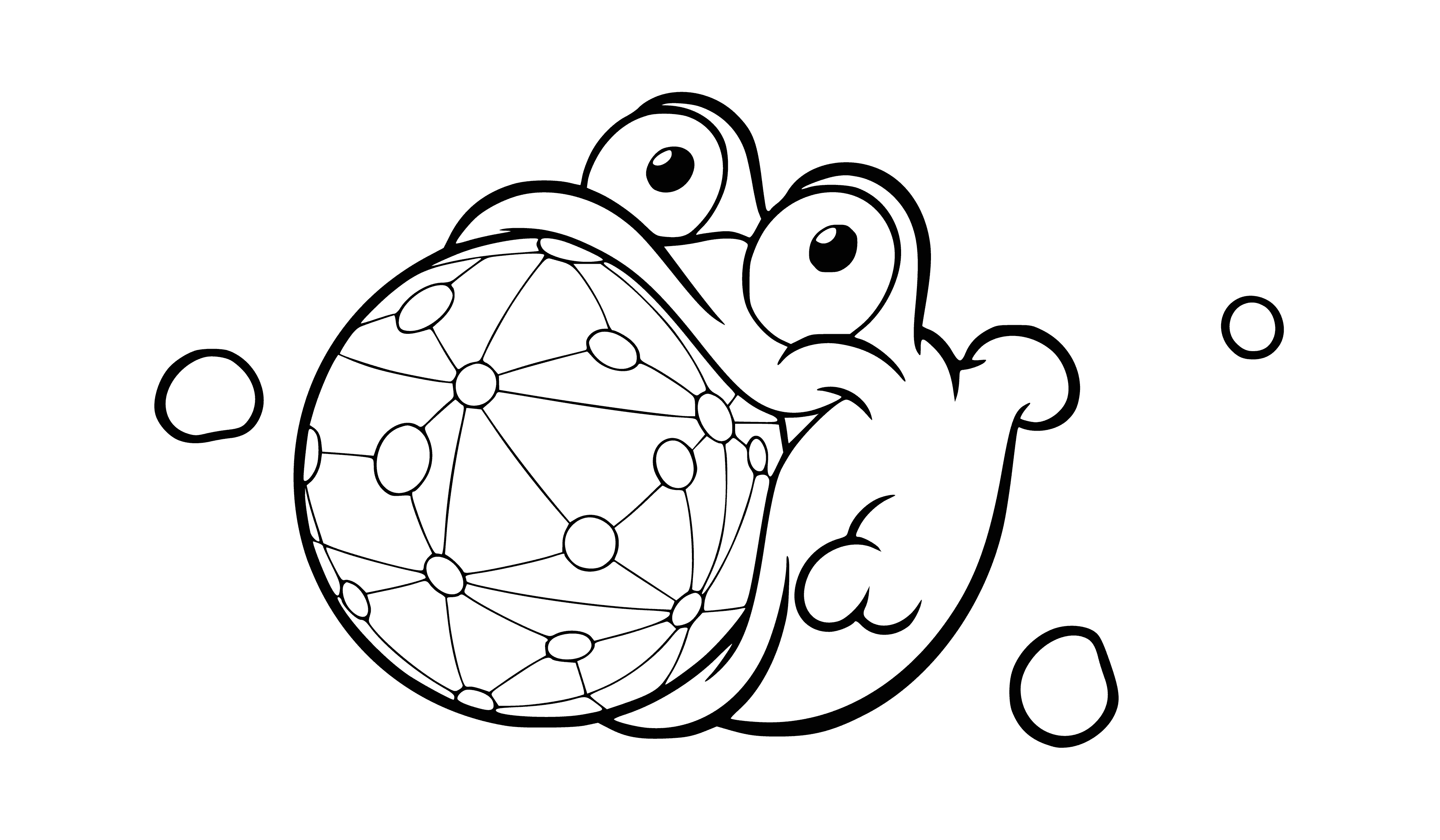 coloring page: Circular object with raised bumps has small hole in center, & multi-colored curved lines around edge converging in center.