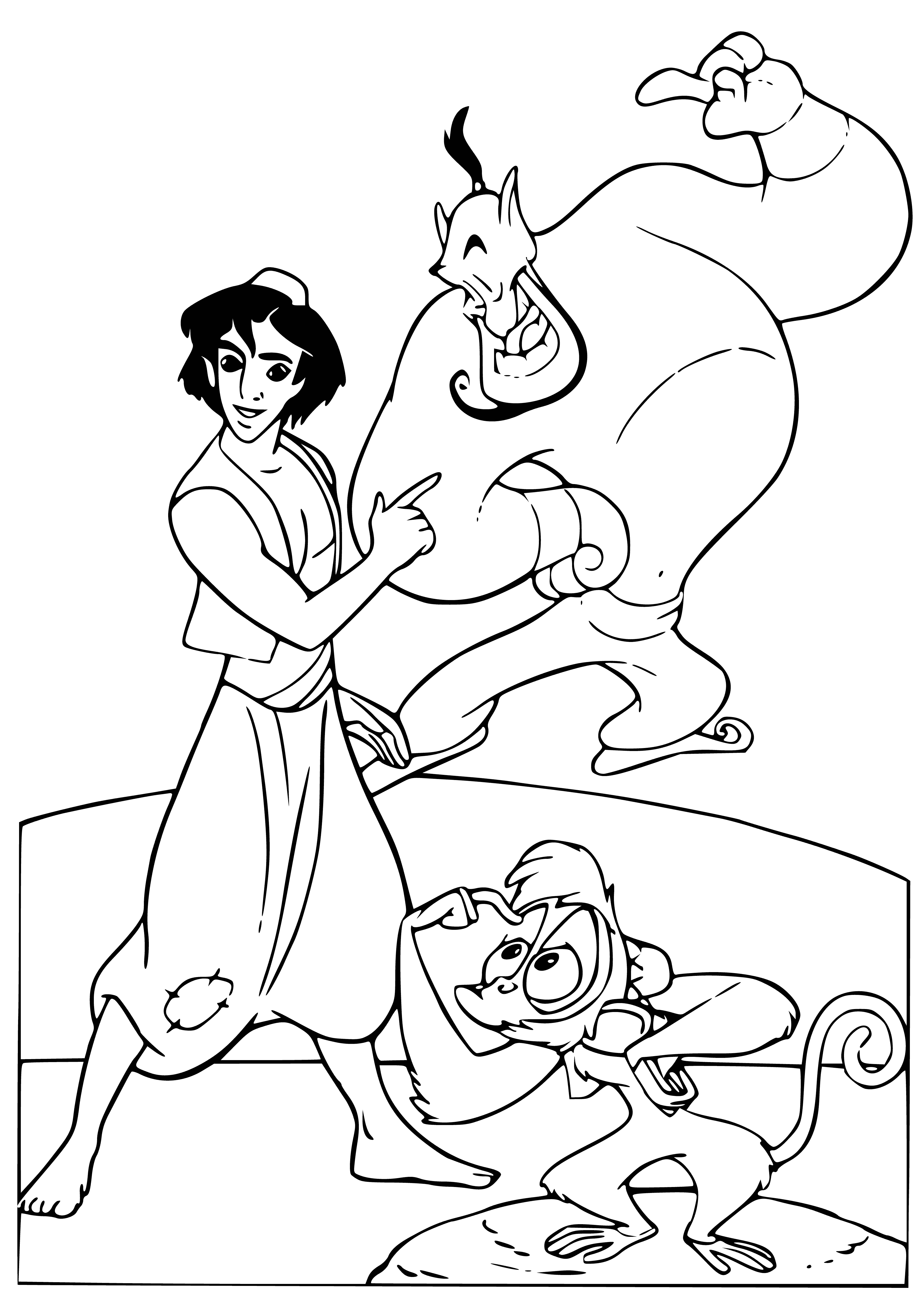 coloring page: Aladdin, Jeannie, & Abu, char. w/ brown skin & hair, join in exciting adventure; Aladdin's in a purple vest & white pants, Jeannie in pink dress, & Abu w/ purple vest & gold chain.