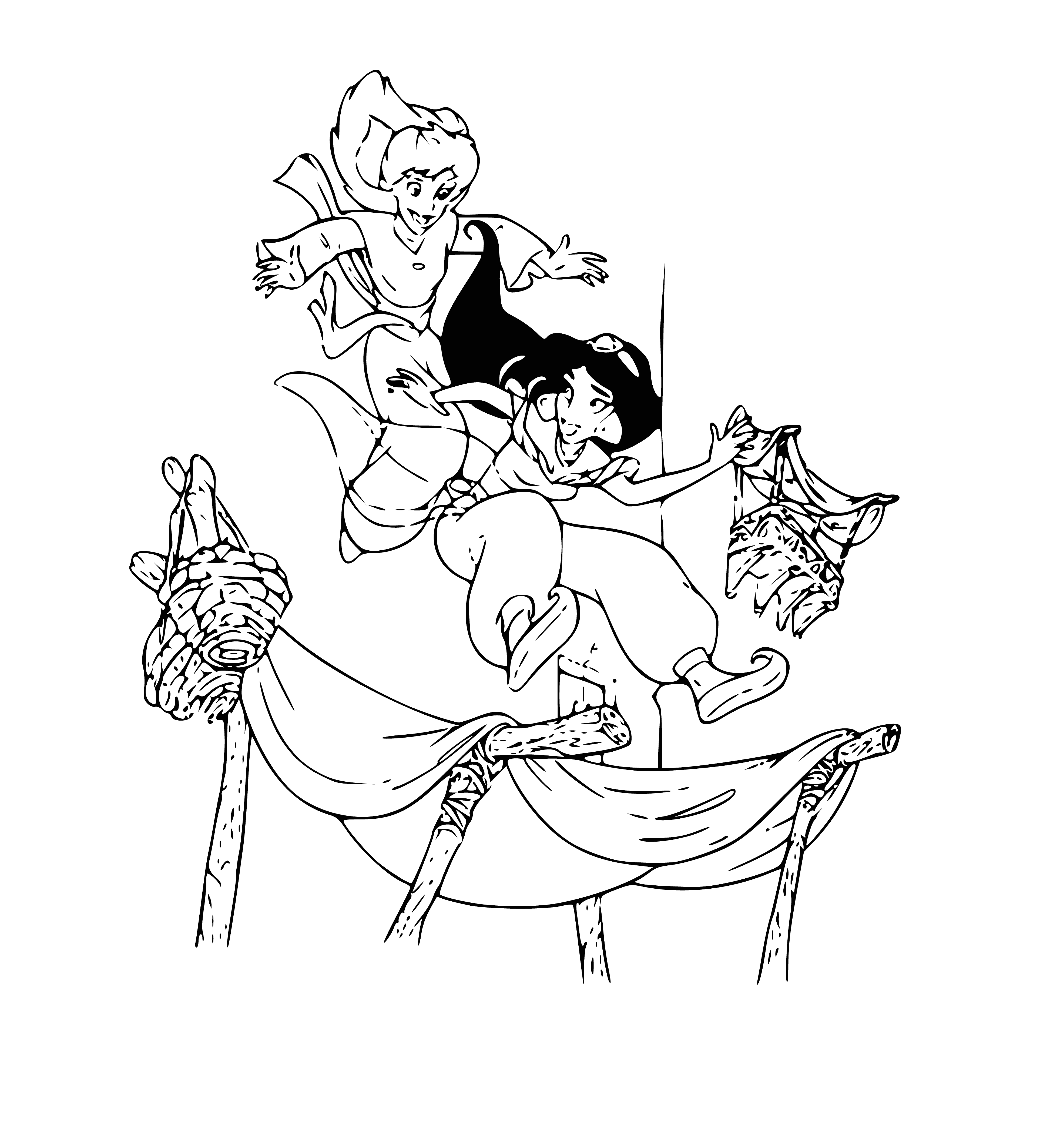 coloring page: Jasmine runs joyfully through a field of flowers, black hair blowing, wearing a white dress w/ a purple belt.