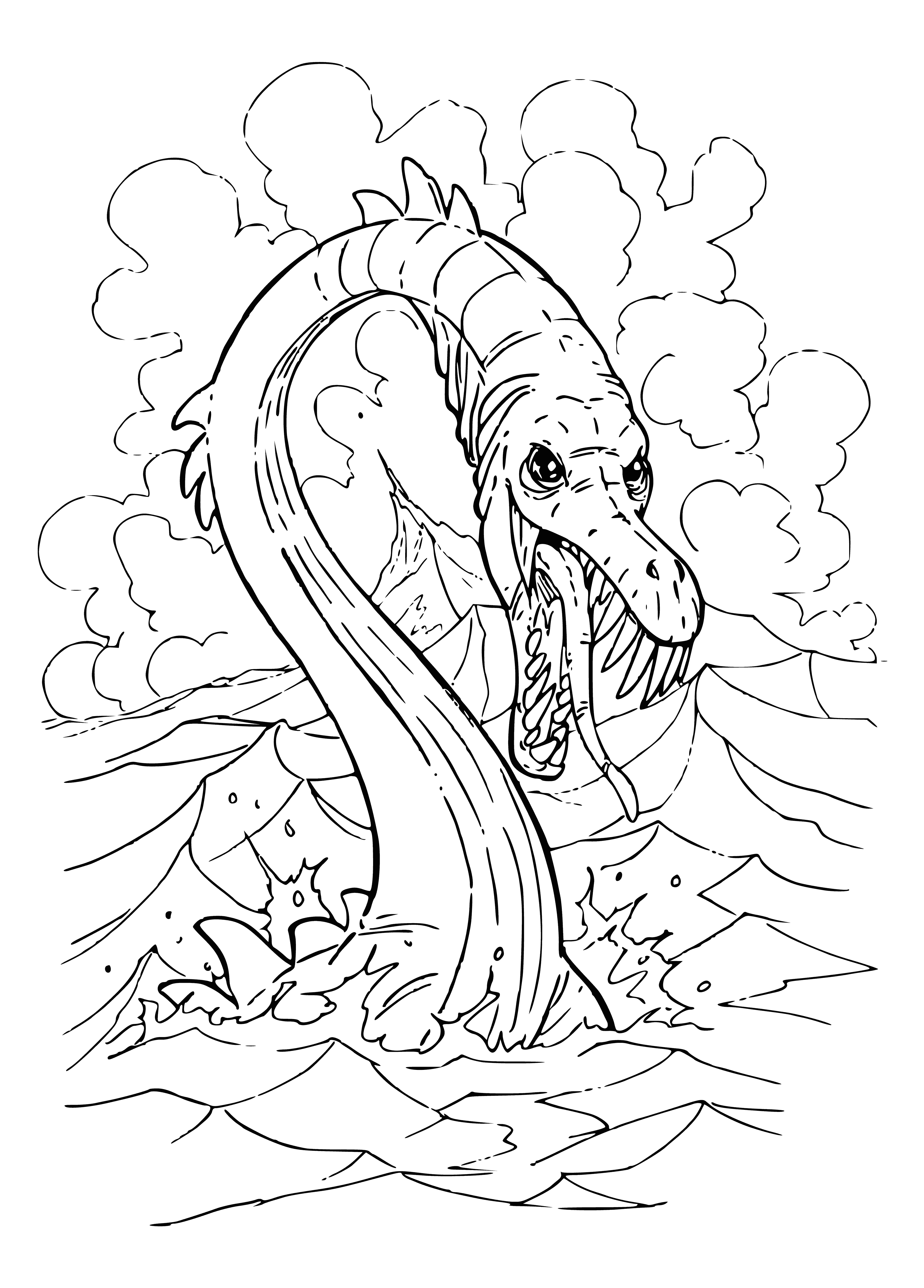 coloring page: A sea creature mash-up of a snake-like body, fins, sharp teeth & glowing green eyes: ready to attack!