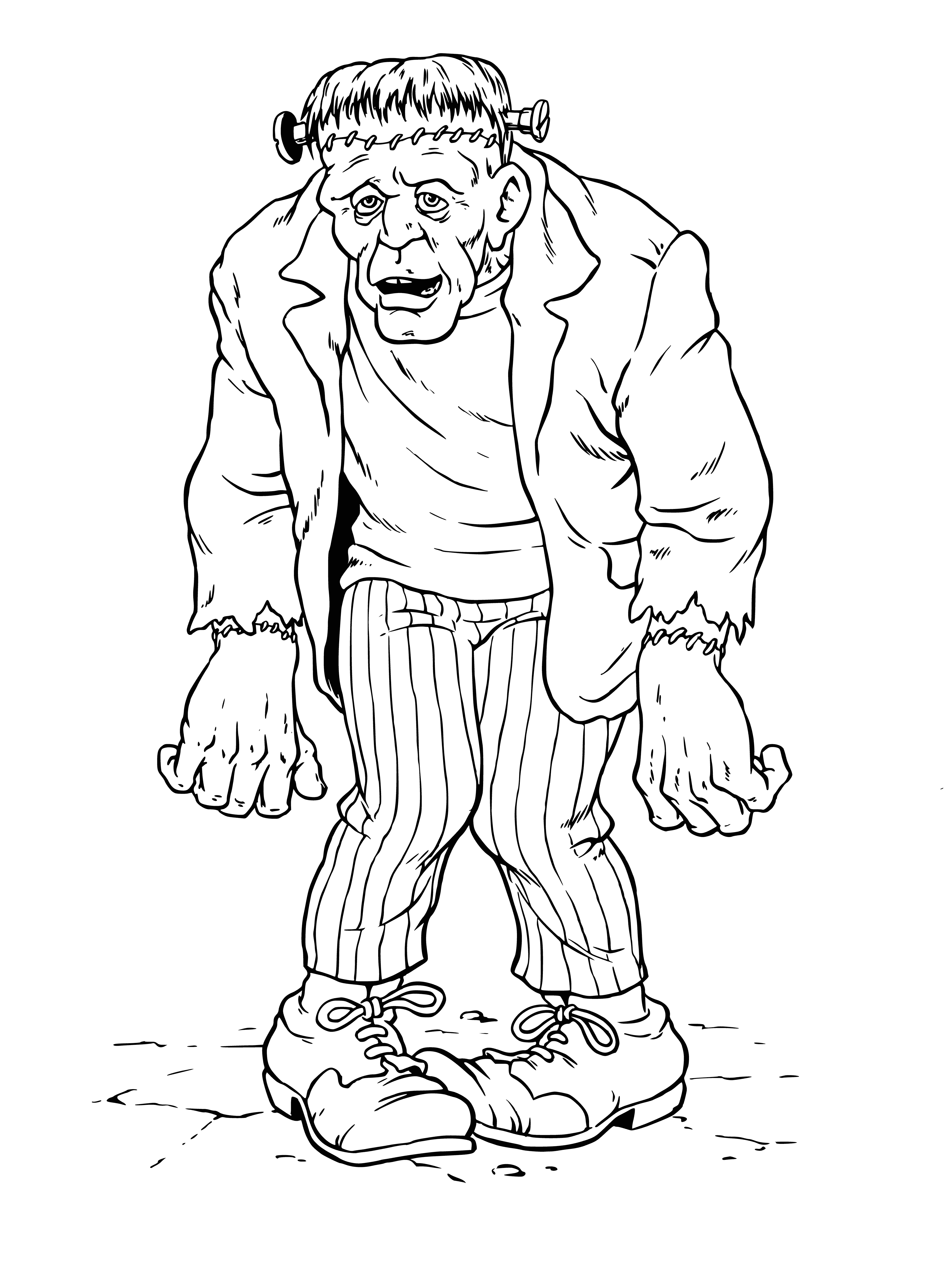 coloring page: Man stands outside castle, tattered black suit, stitches, scarred face, holds large club in hand.