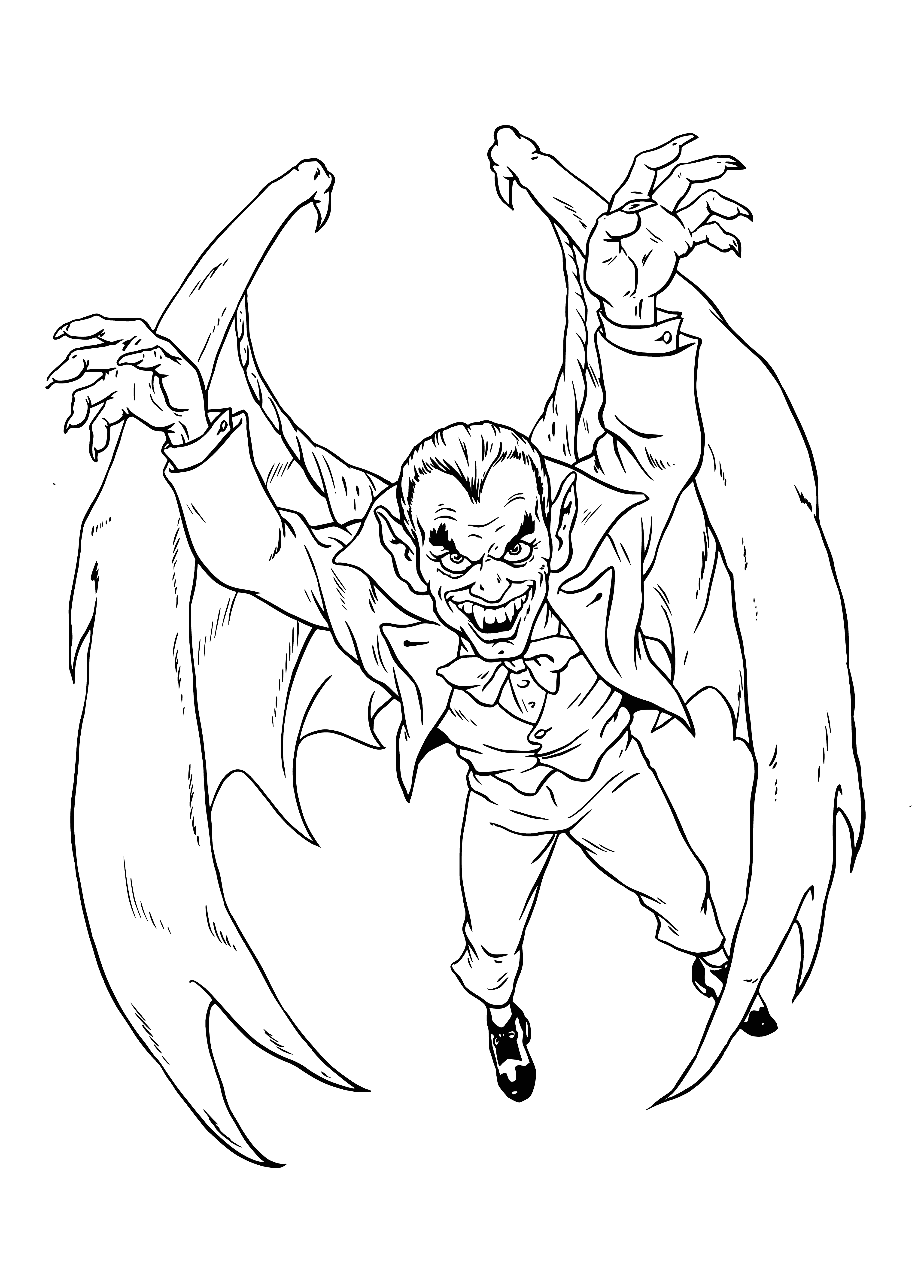 coloring page: A tall vampire in black cloak and trousers, wielding a wooden stake, ready to fight - or feast.