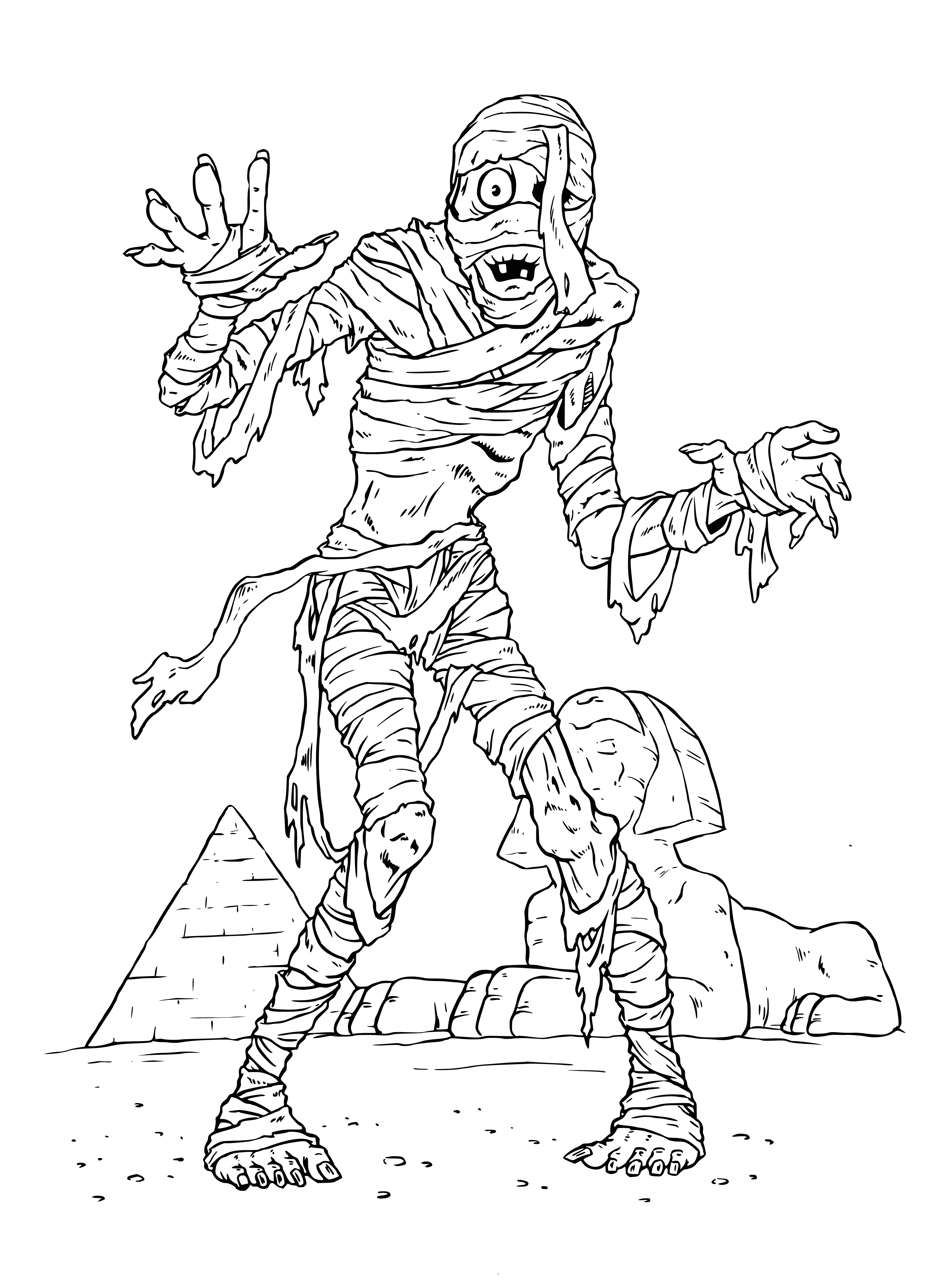 coloring page: Mummy is a preserved corpse, often found in tombs/pyramids to protect the body from the outside world.