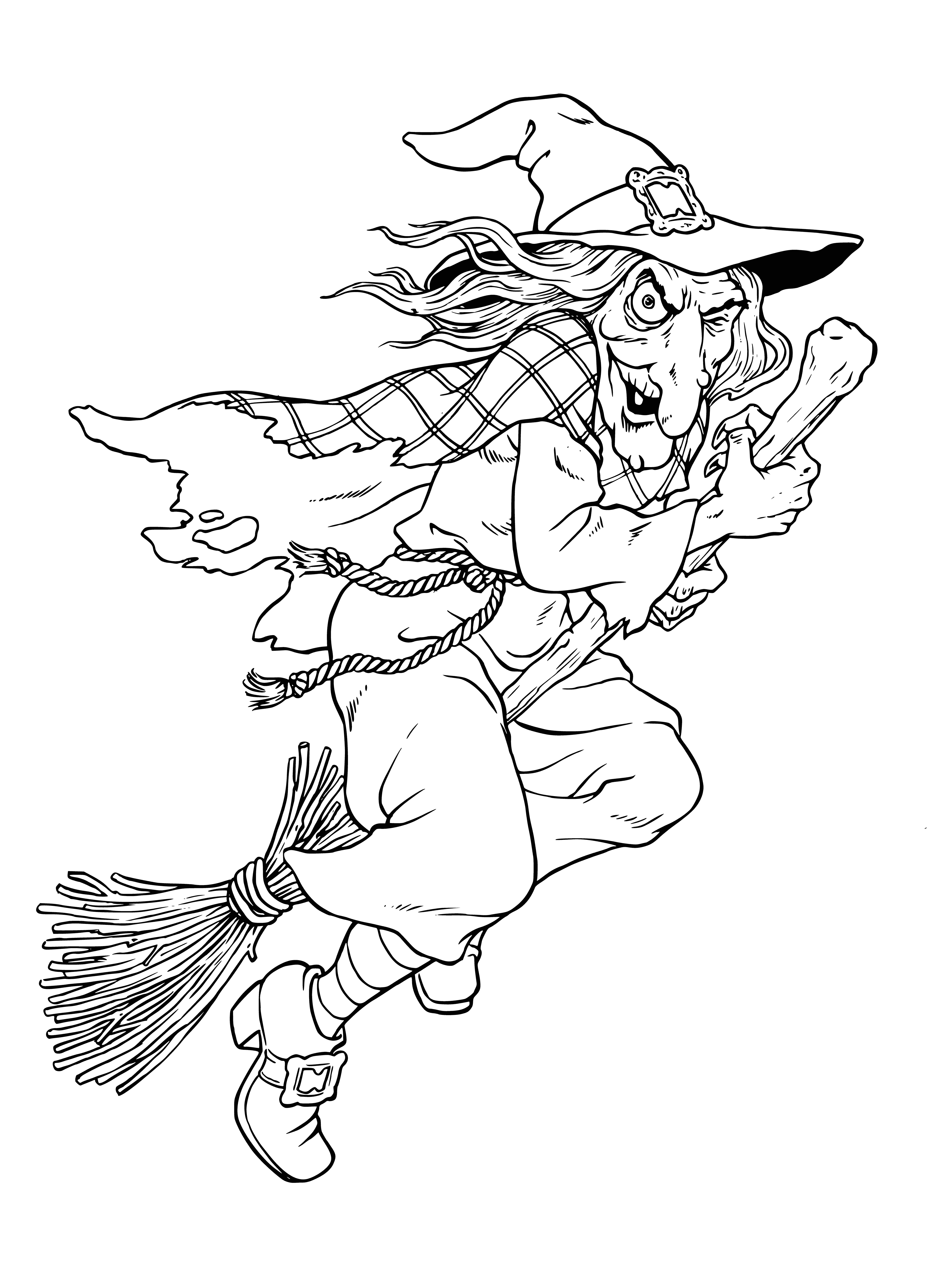 coloring page: A witch with black hair and green face, stirring a cauldron with a black cat nearby, wearing a black dress and pointy hat.