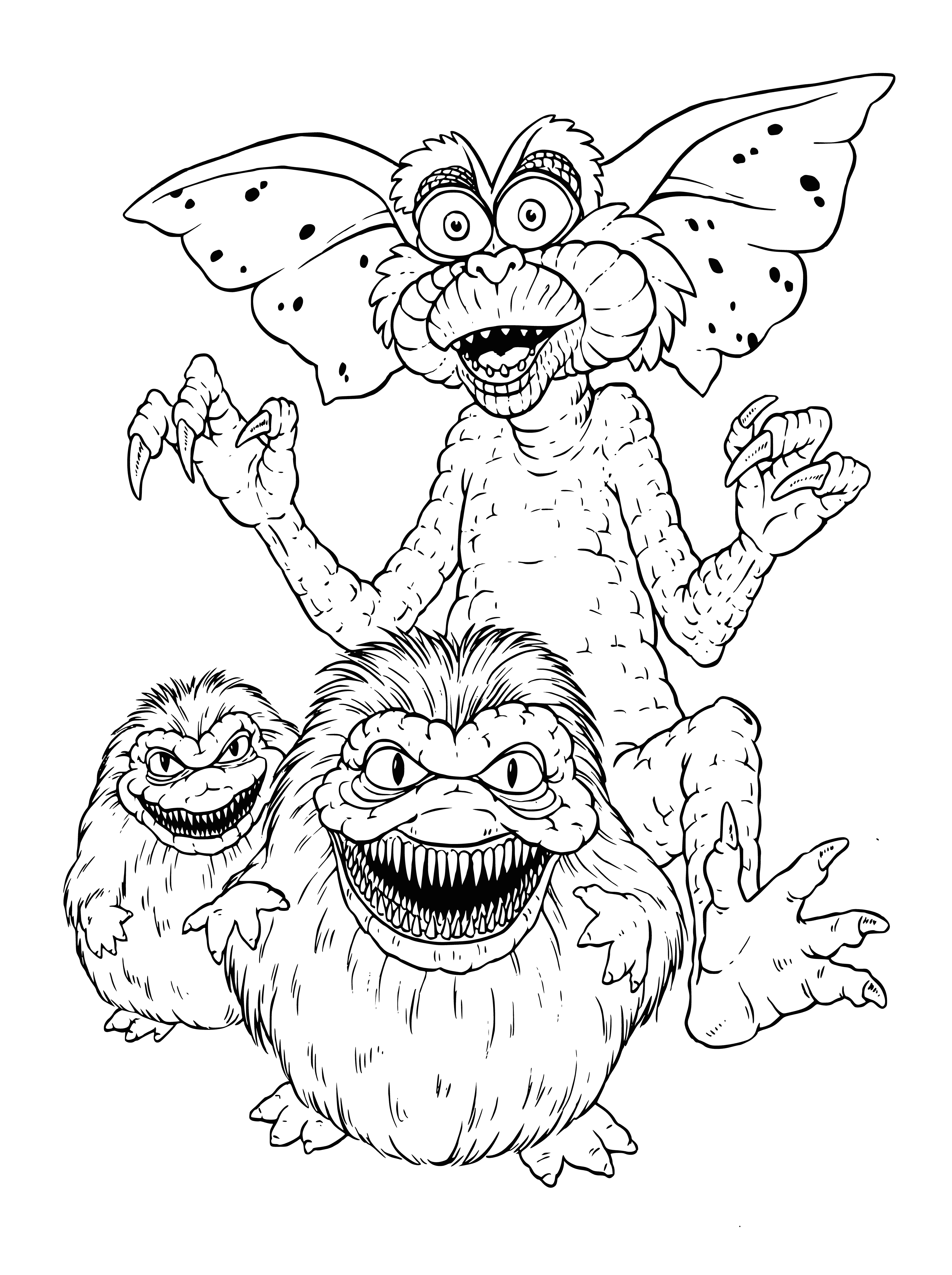 coloring page: Gremlin-like creatures causing chaos, often green with sharp teeth & claws.
