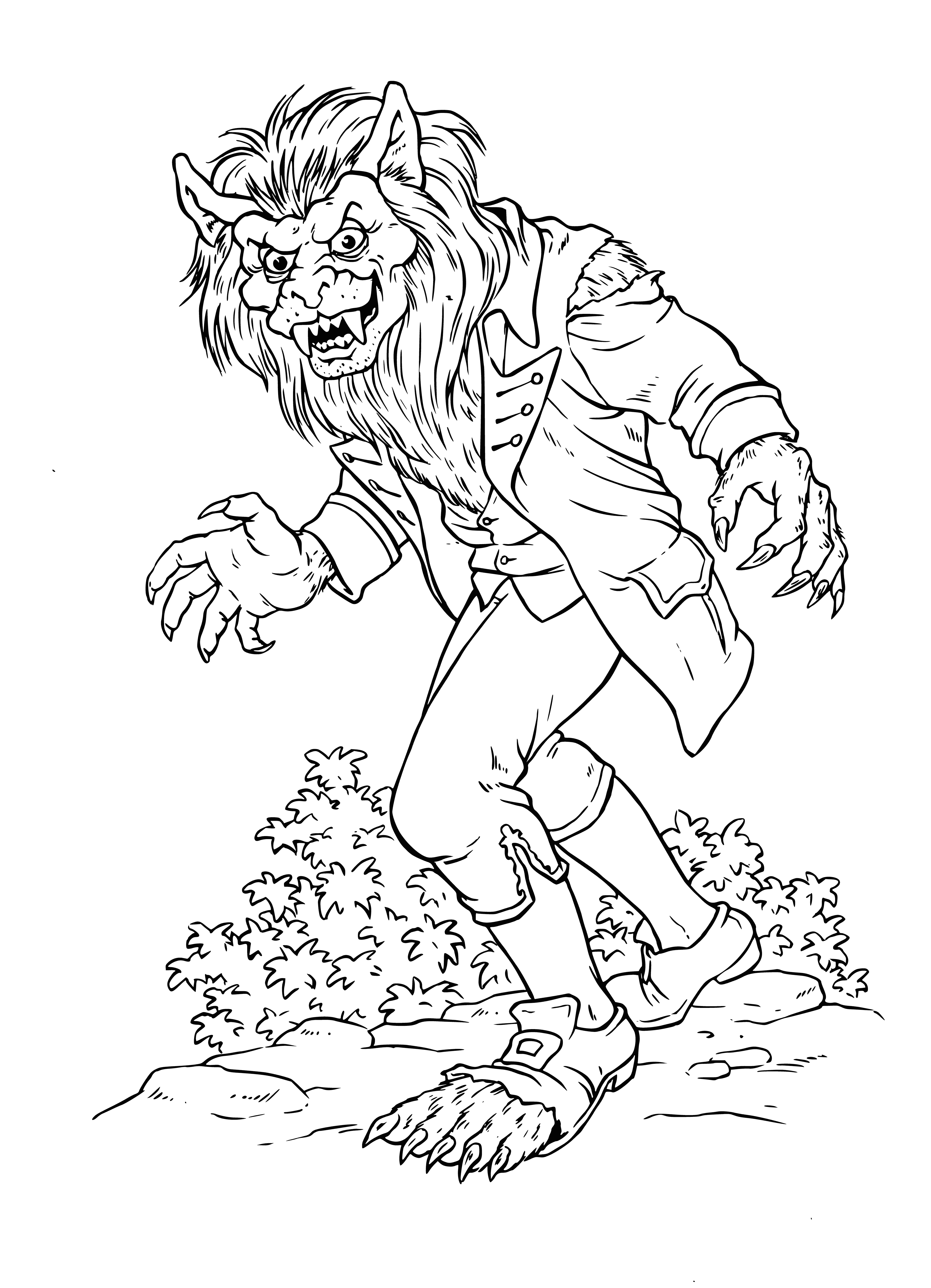 coloring page: Coloring page of werewolf & other monsters surrounded by vampire, witch, skeleton & spider. Yellow eyes, gray fur, & sharp teeth! #coloringpages